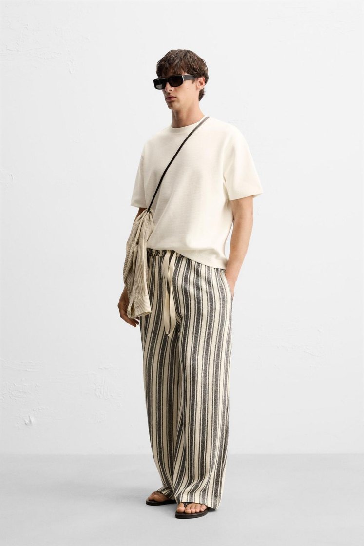 Zara Jacquard Stripe Trousers — White