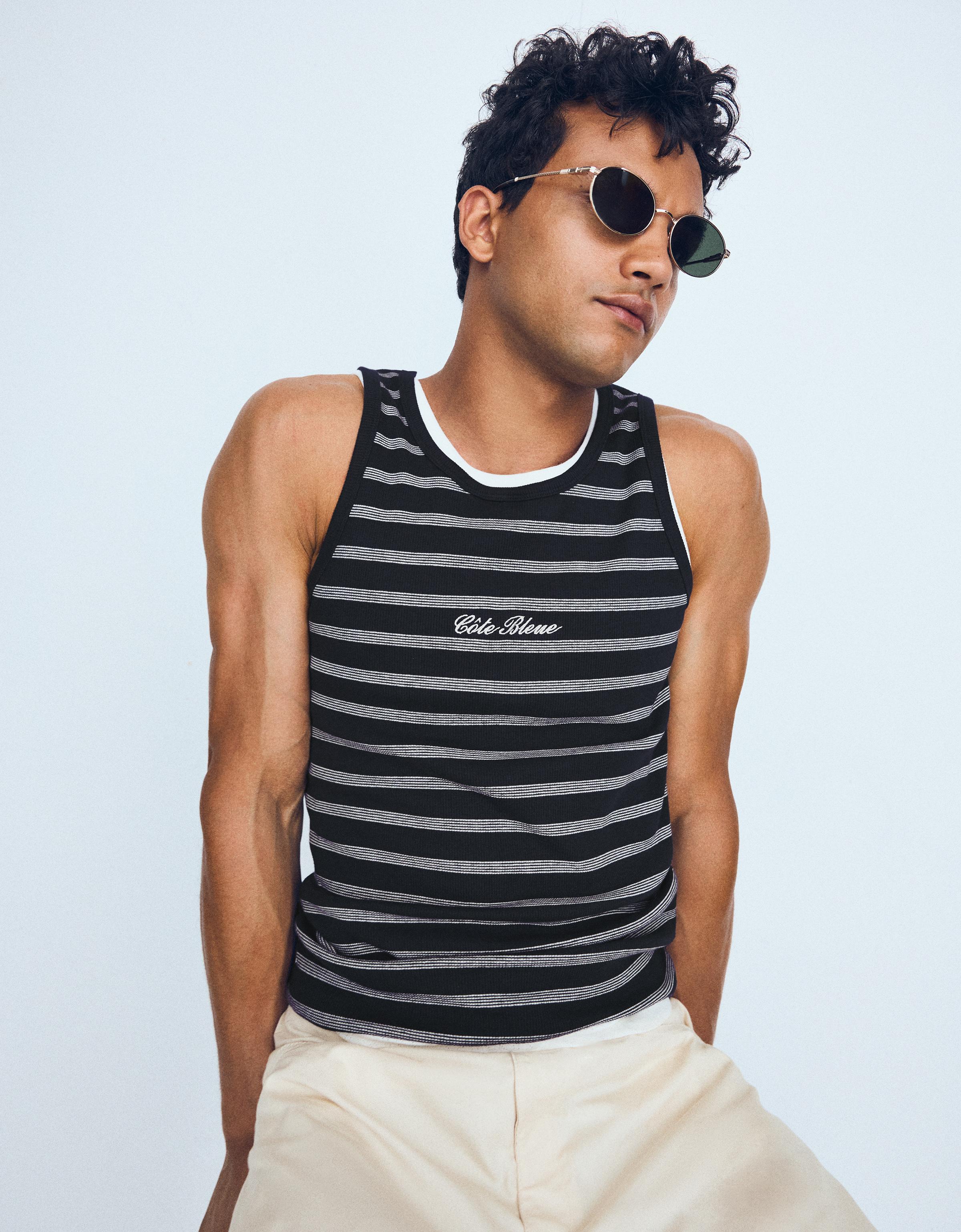 Bershka Débardeur côtelé à rayures contrastées — Navy