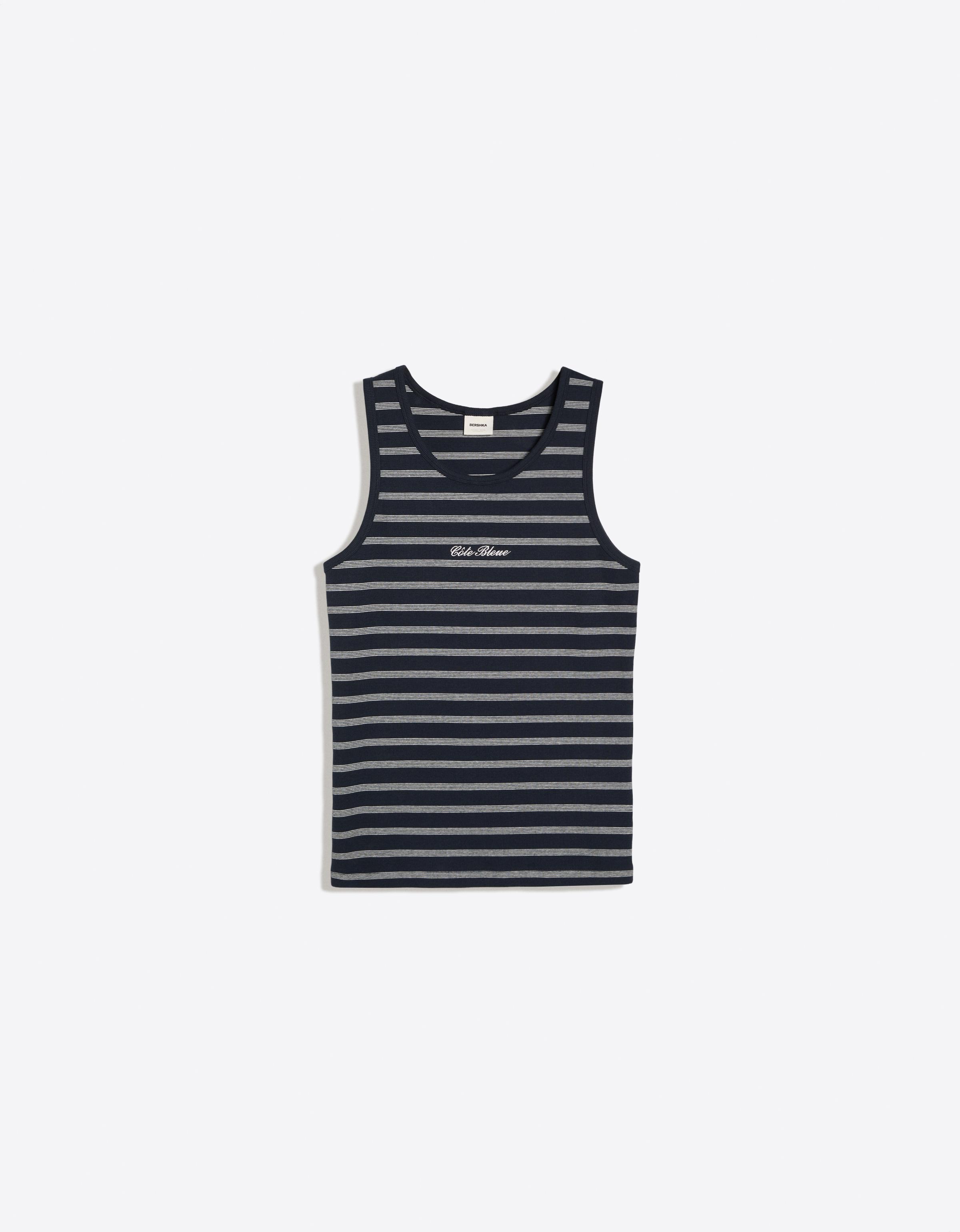 Bershka Débardeur côtelé à rayures contrastées — Navy