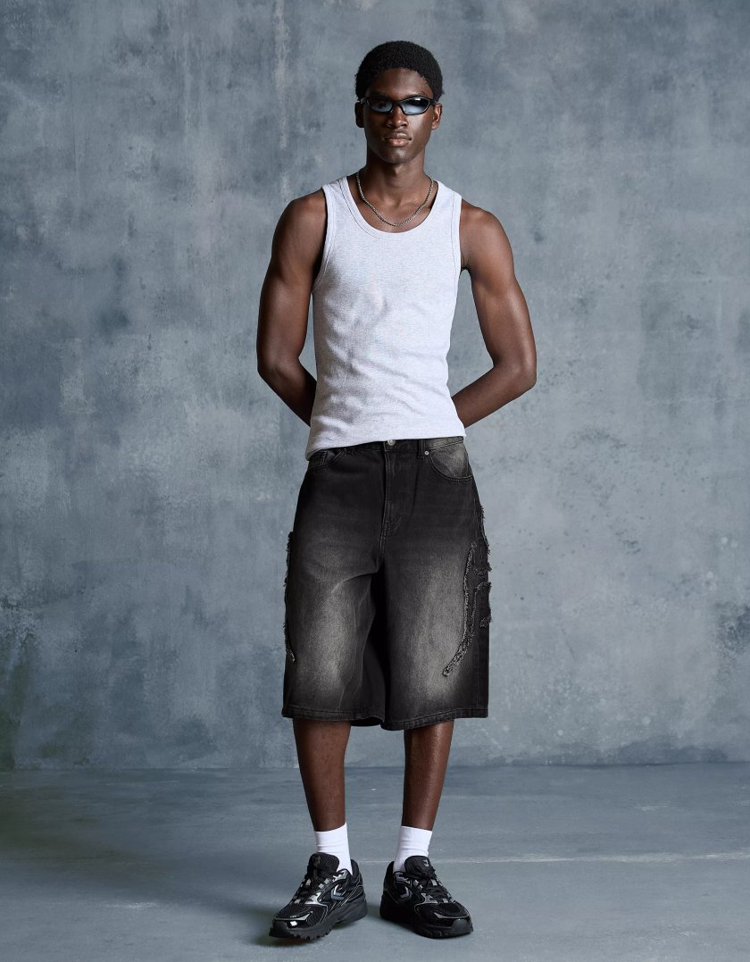 Bershka Bermuda baggy fit à patch — Black