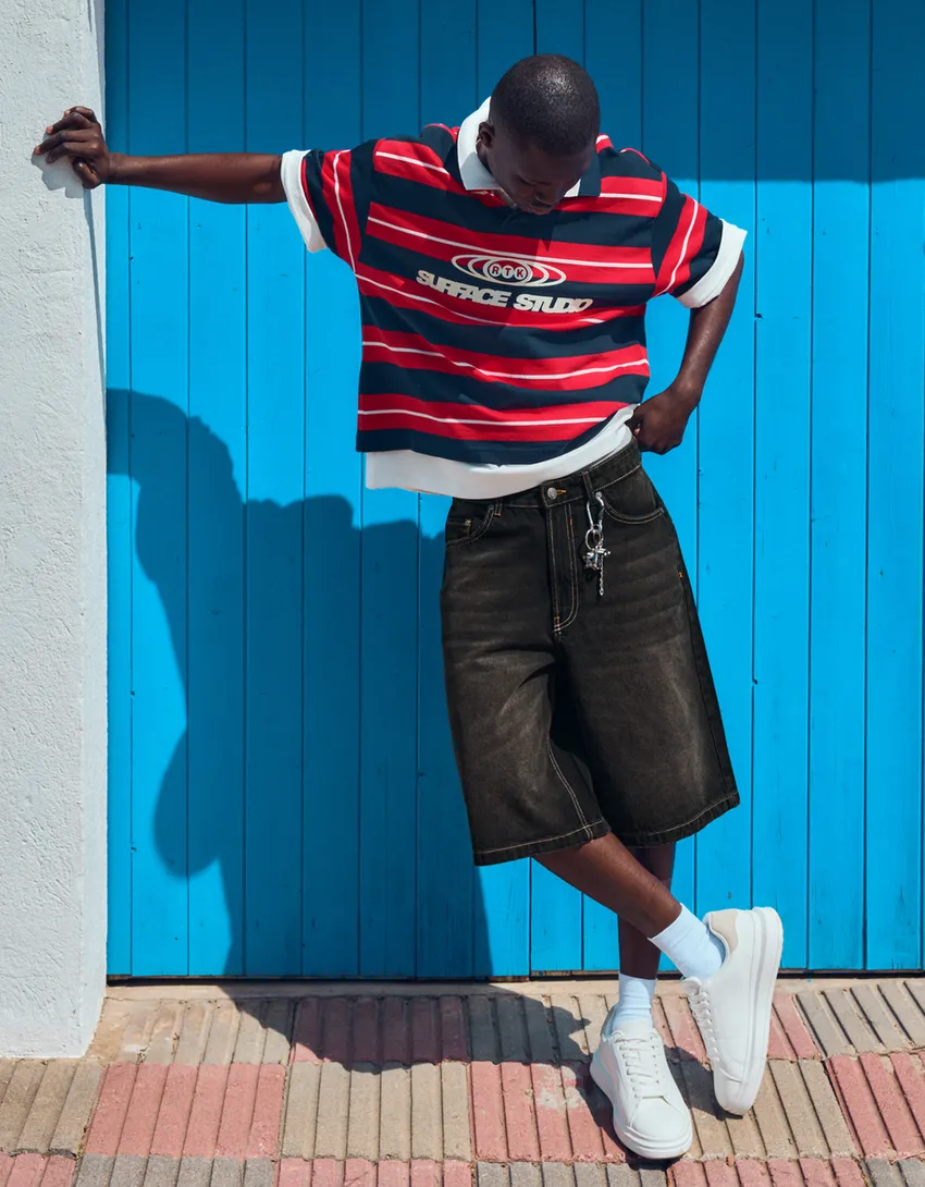 Bershka Bermuda denim baggy fit — Black