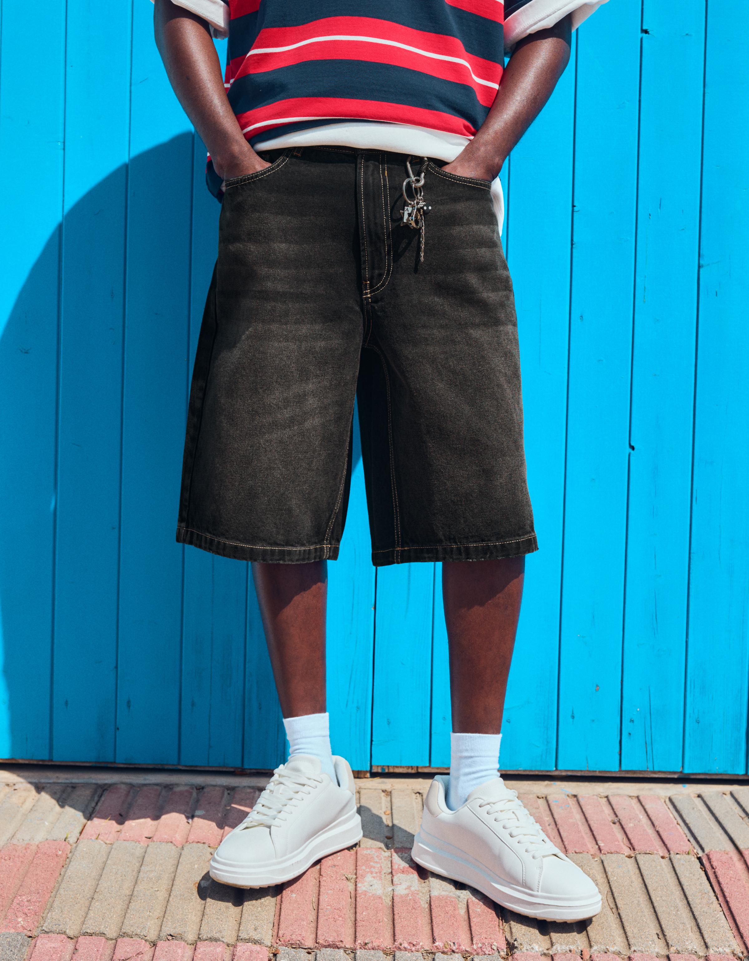 Bershka Bermuda denim baggy fit — Black