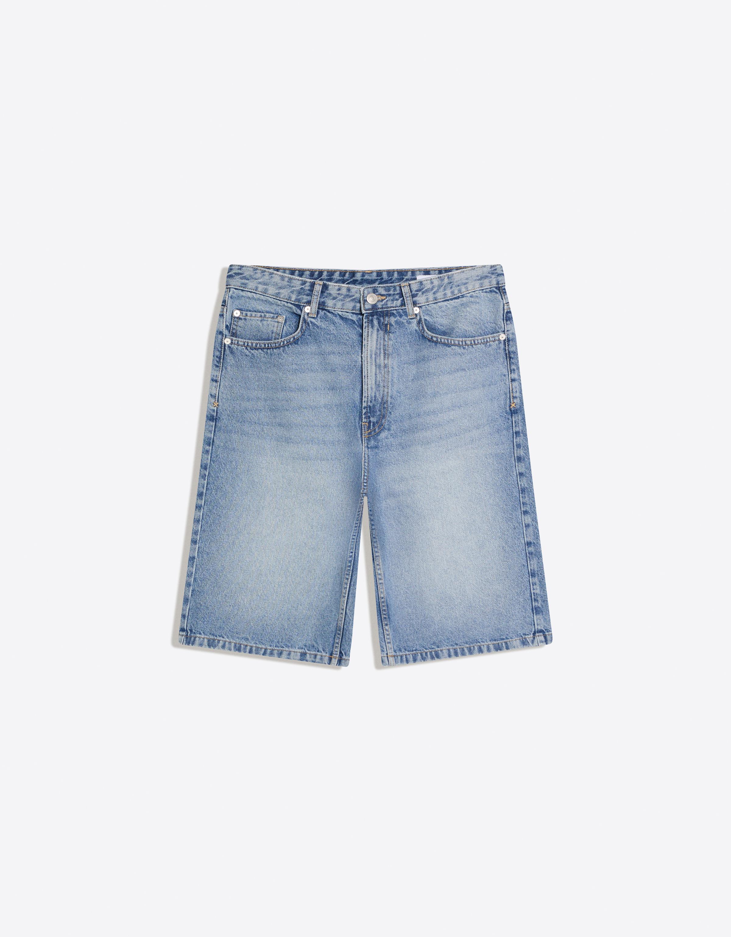 Bershka Bermuda denim baggy fit — Sky Blue