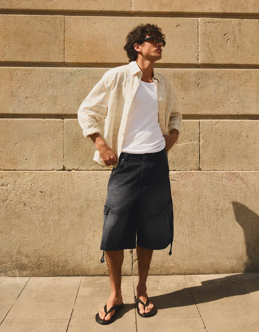 Denim cargo parachute Bermuda shorts