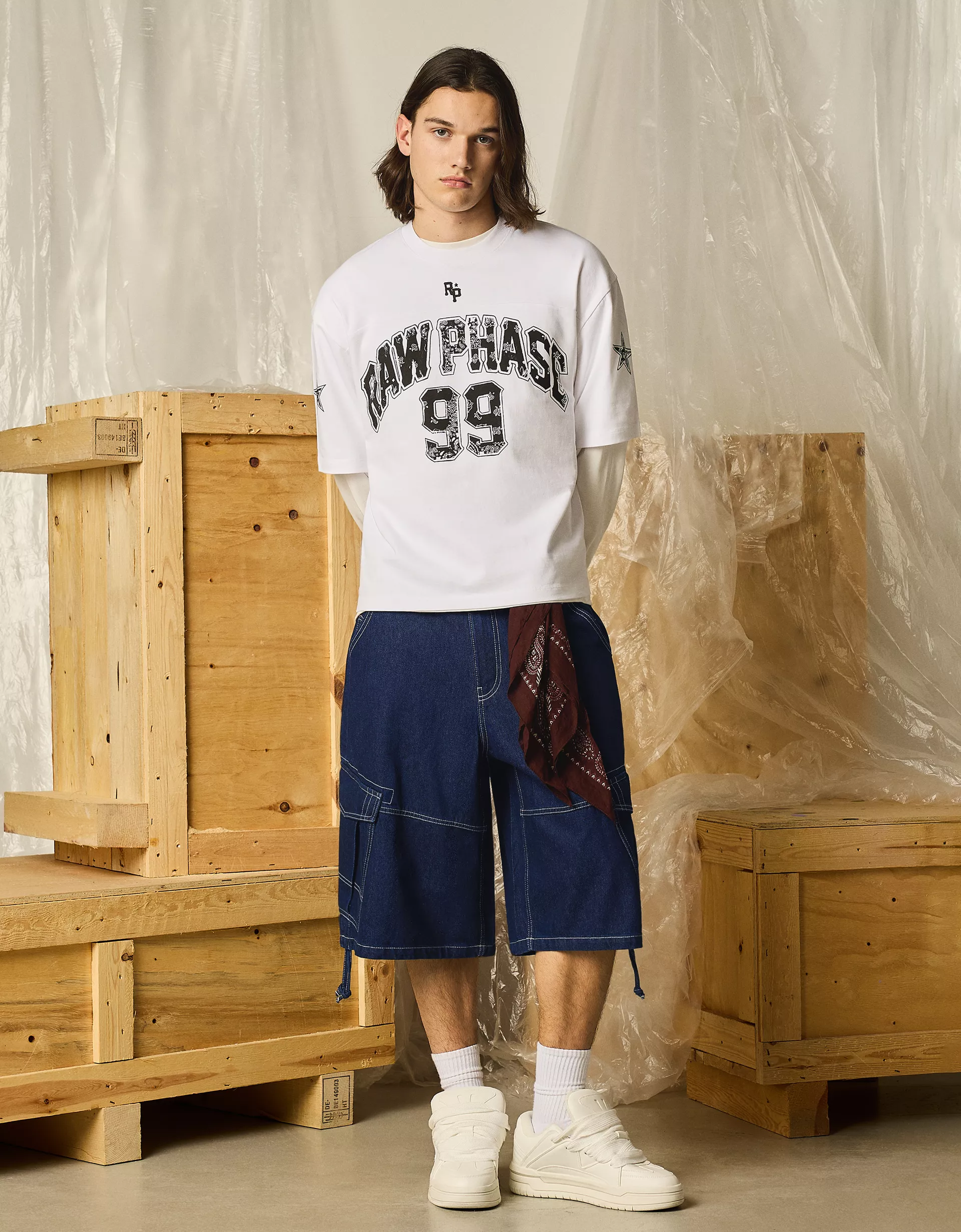 Denim cargo parachute Bermuda shorts