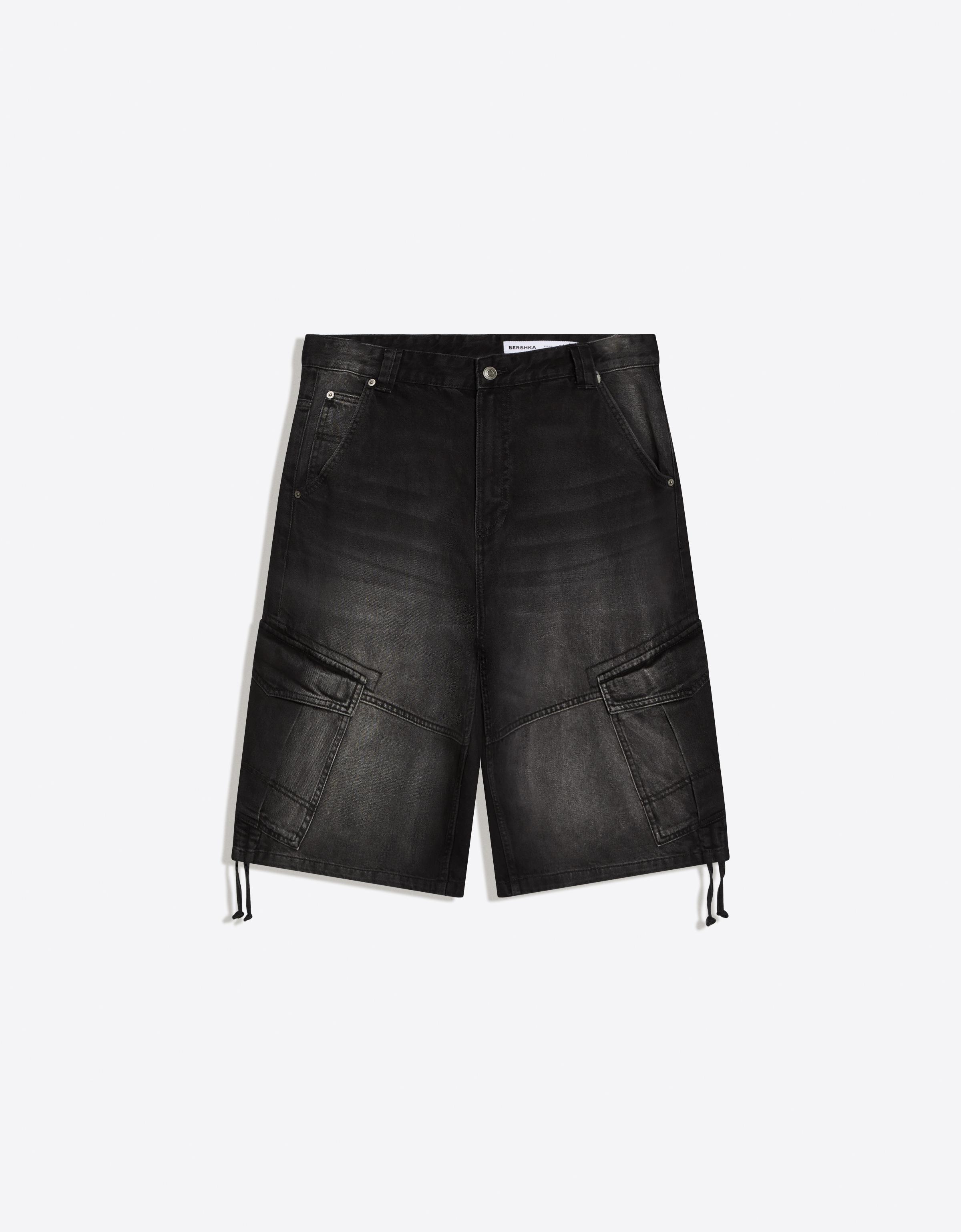 Bershka Denim cargo parachute Bermuda shorts — Black