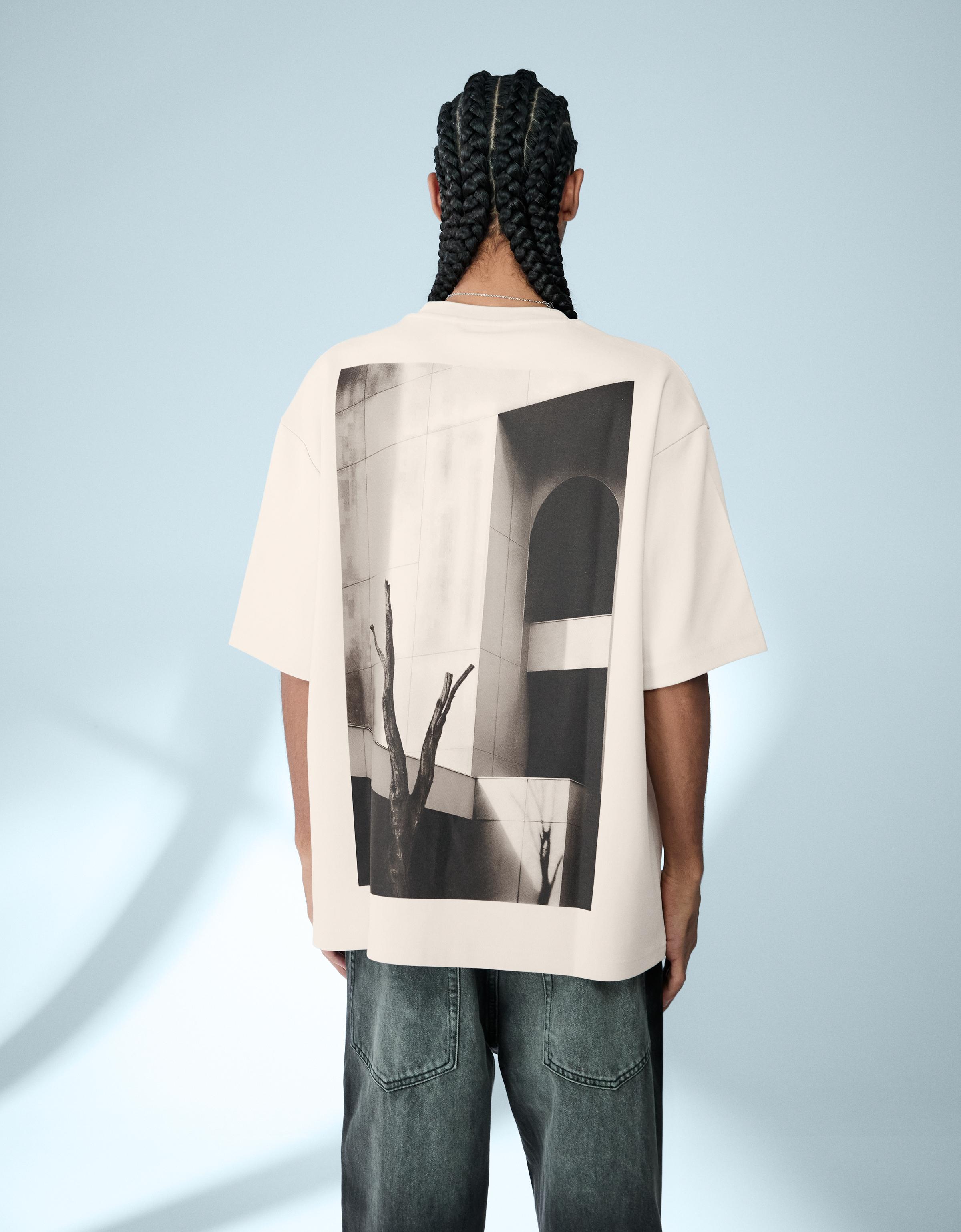 Bershka Short Sleeve Printed T-Shirt — Ivory