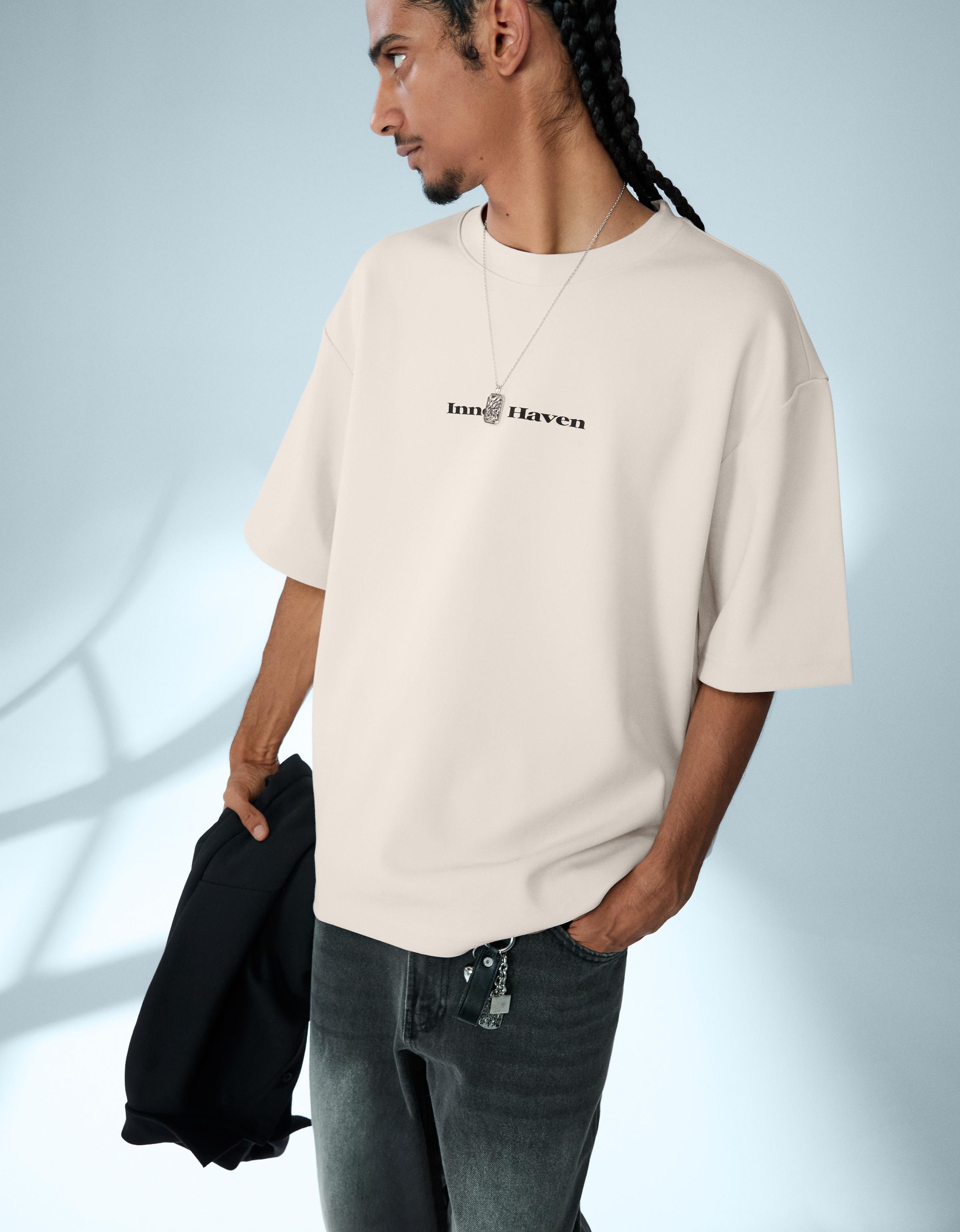 Bershka Short Sleeve Printed T-Shirt — Ivory