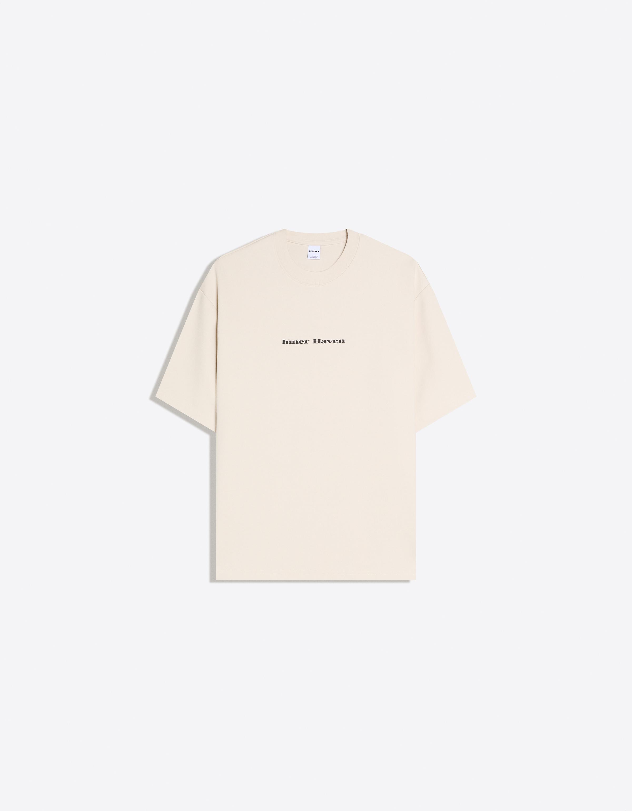 Bershka Short Sleeve Printed T-Shirt — Ivory