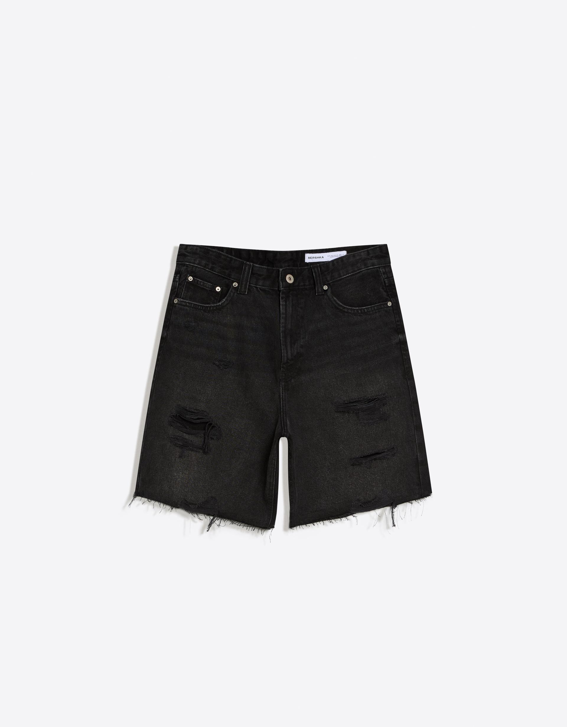 Bershka Ripped Denim Bermuda Shorts — Noir