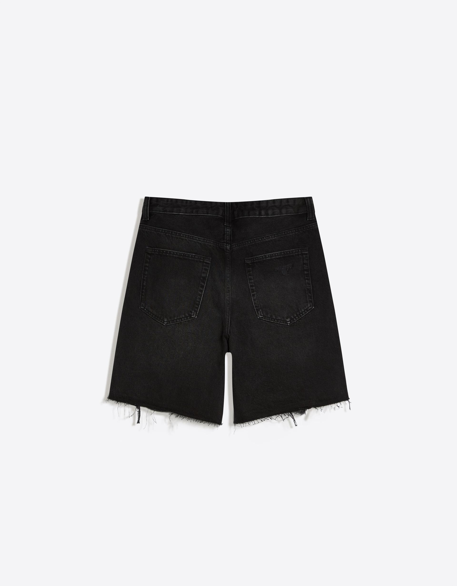 Bershka Ripped Denim Bermuda Shorts — Noir