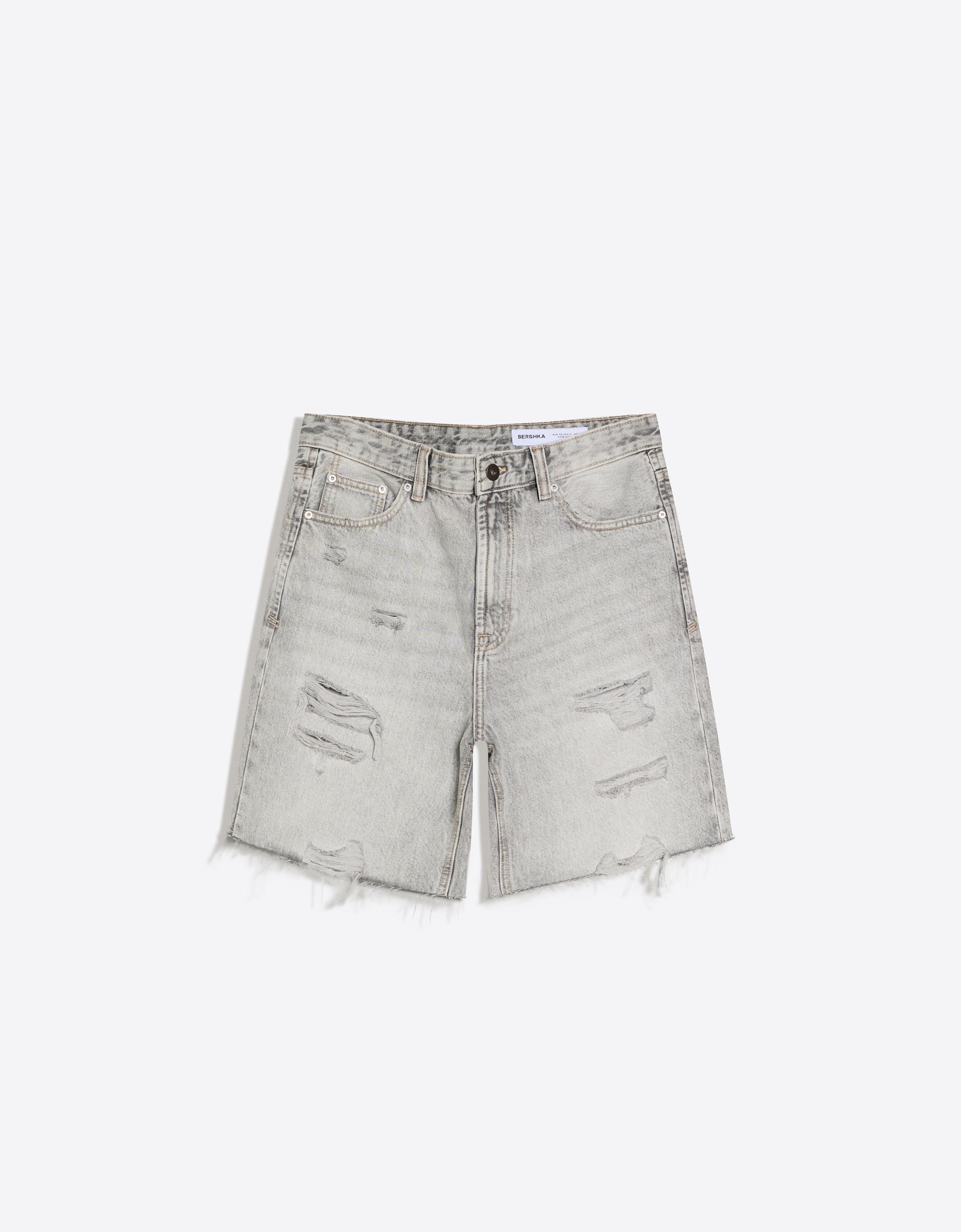 Bershka Ripped Denim Bermuda Shorts — Gris