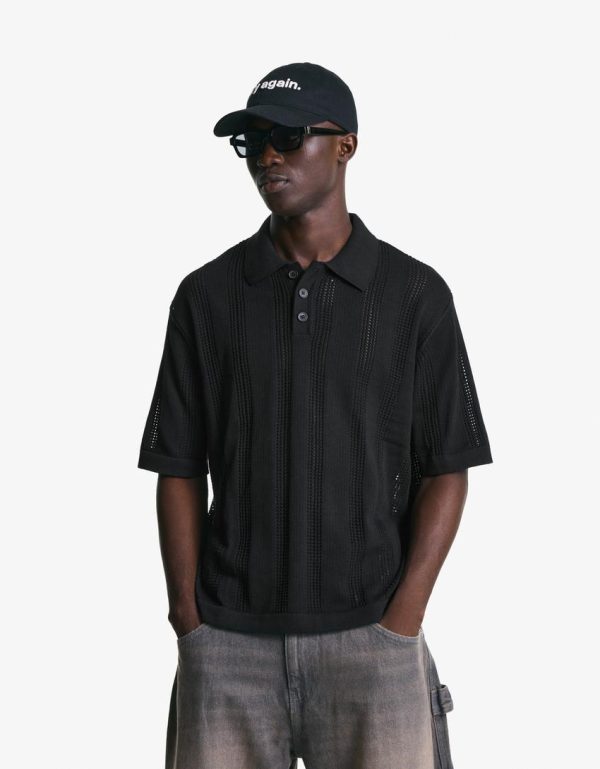 Bershka Essential Soft Cotton Polo — Black