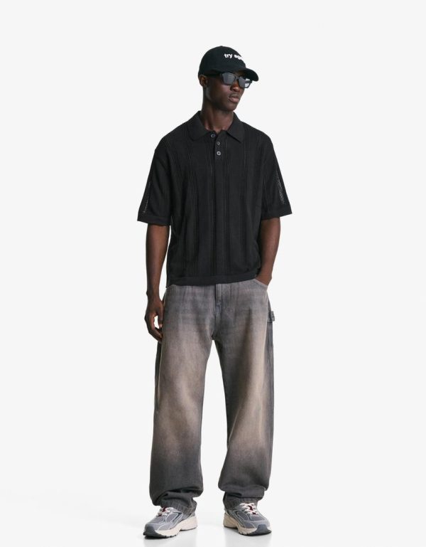 Bershka Essential Soft Cotton Polo — Black