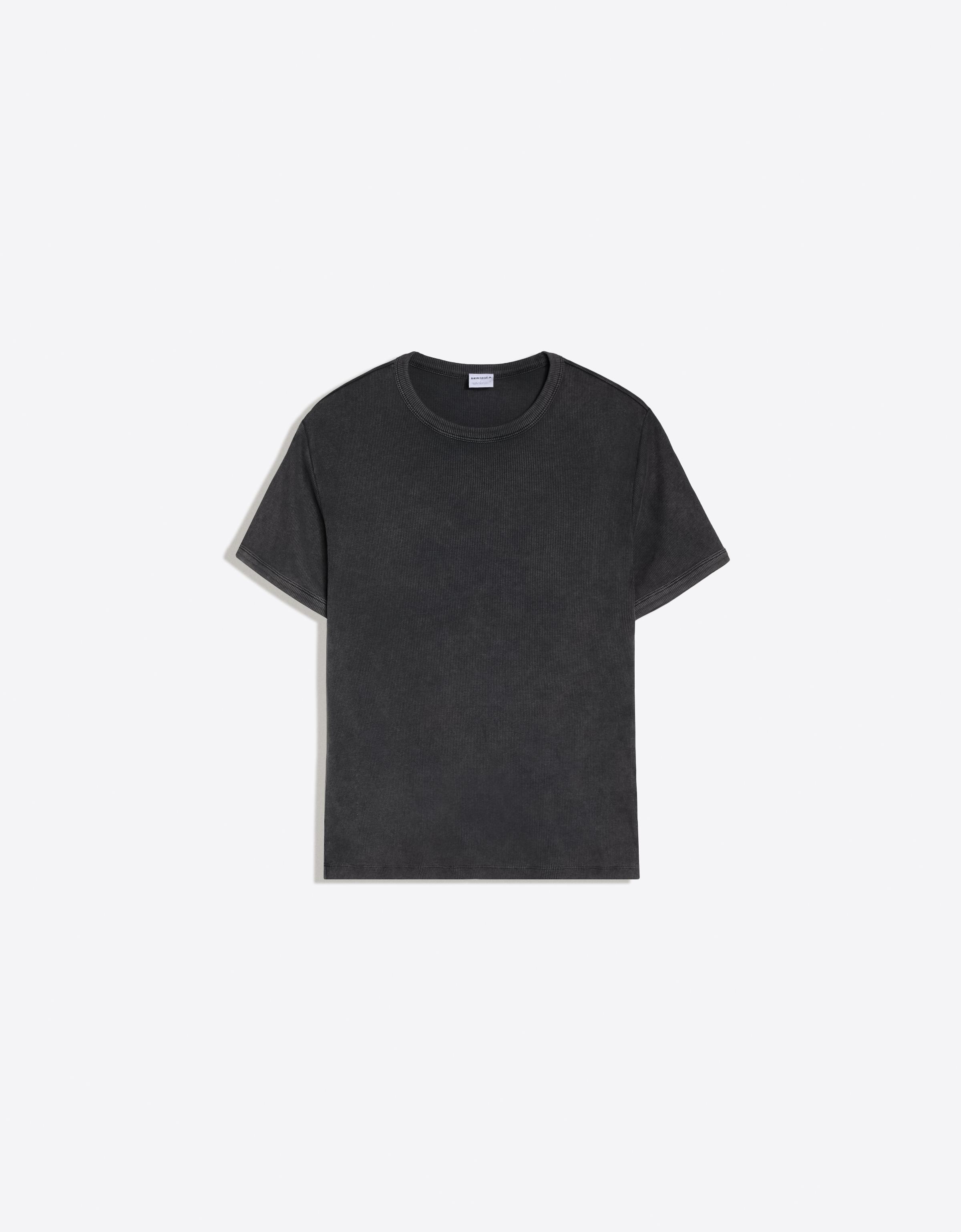 Bershka Slim Fit Ribbed T-Shirt — Gris