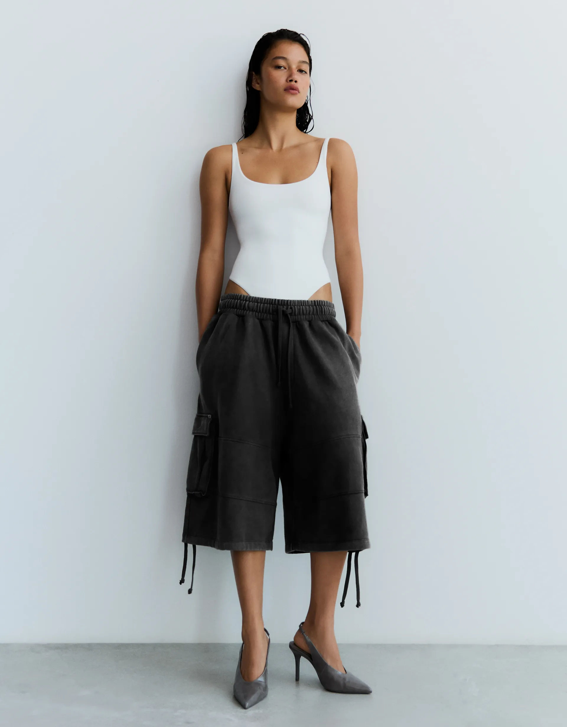 Washed-effect cargo jort Bermuda shorts