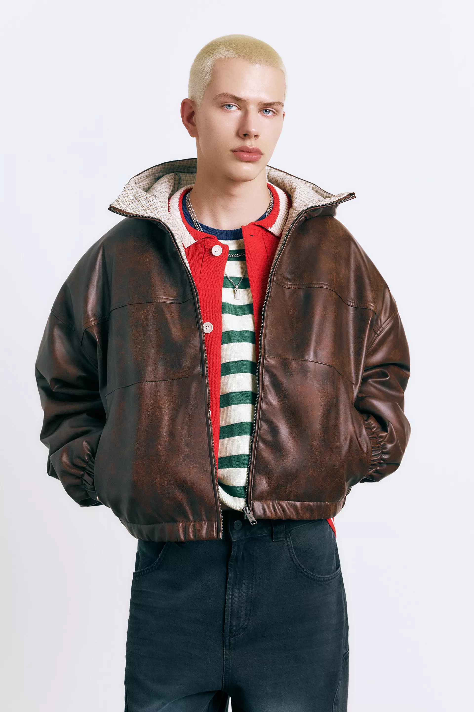 Distressed leather effect jacket — Brown
