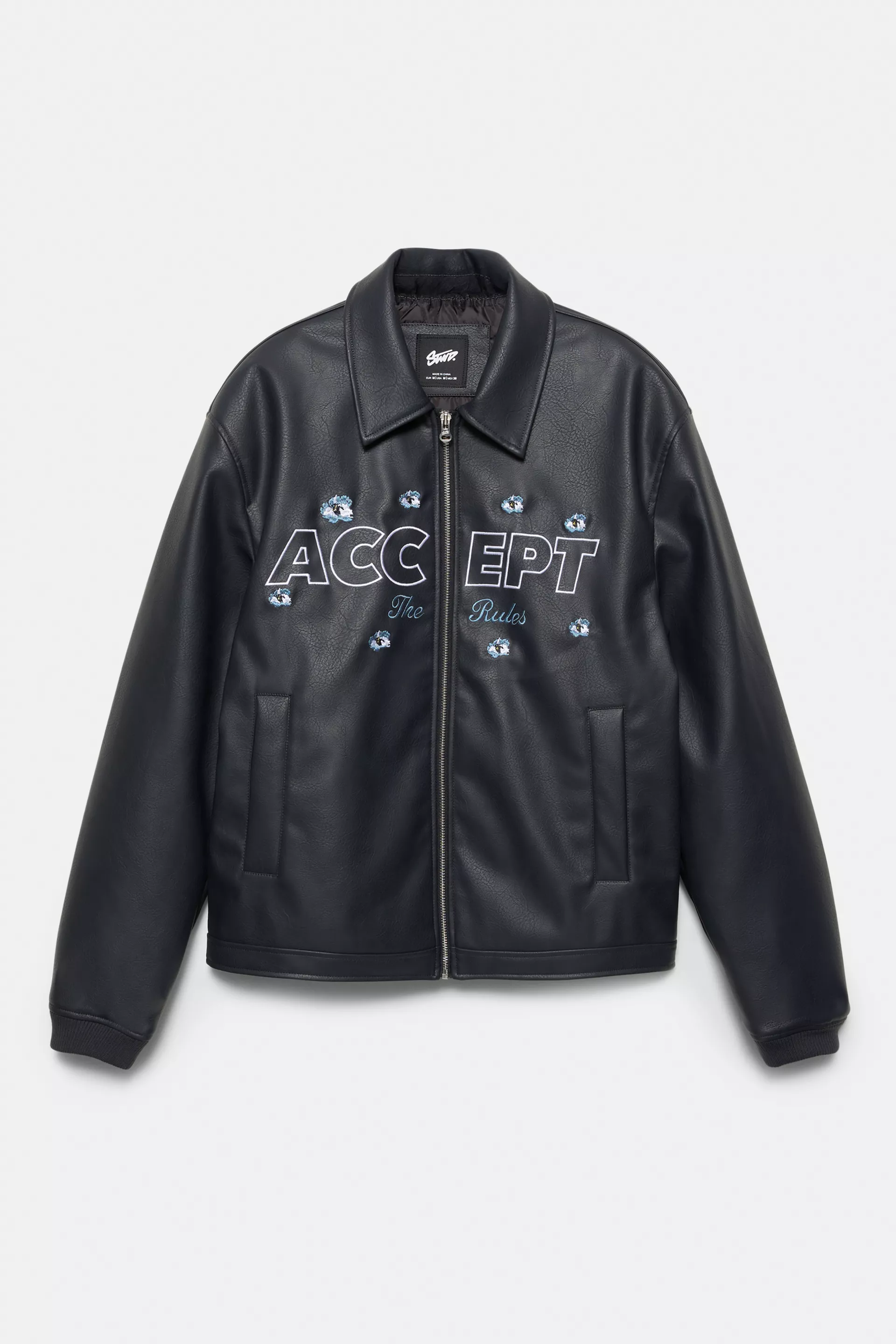 Faux leather jacket with flowers — Black