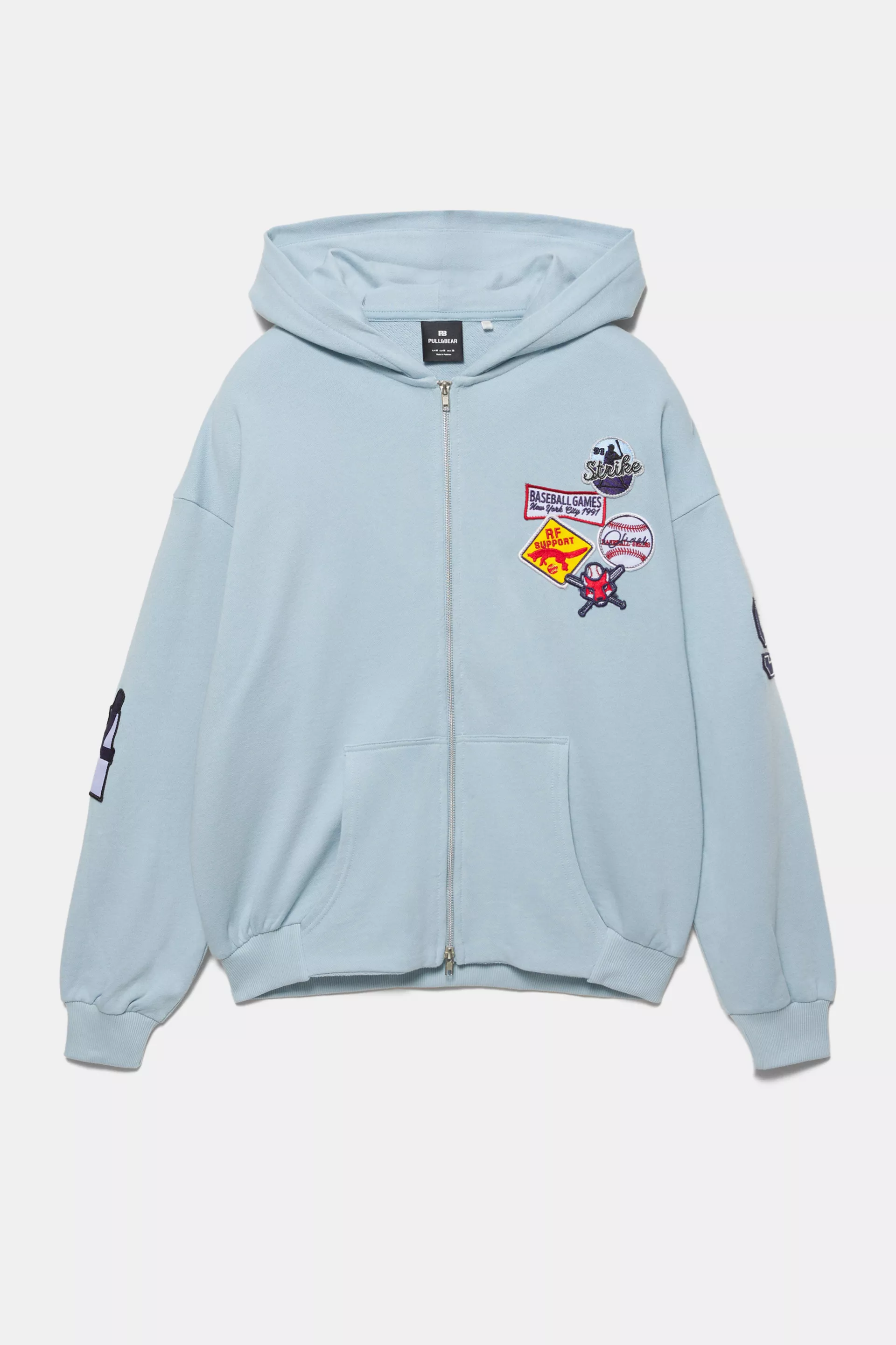 Pull&Bear Hooded sweatshirt with zip and patches — Pale blue
