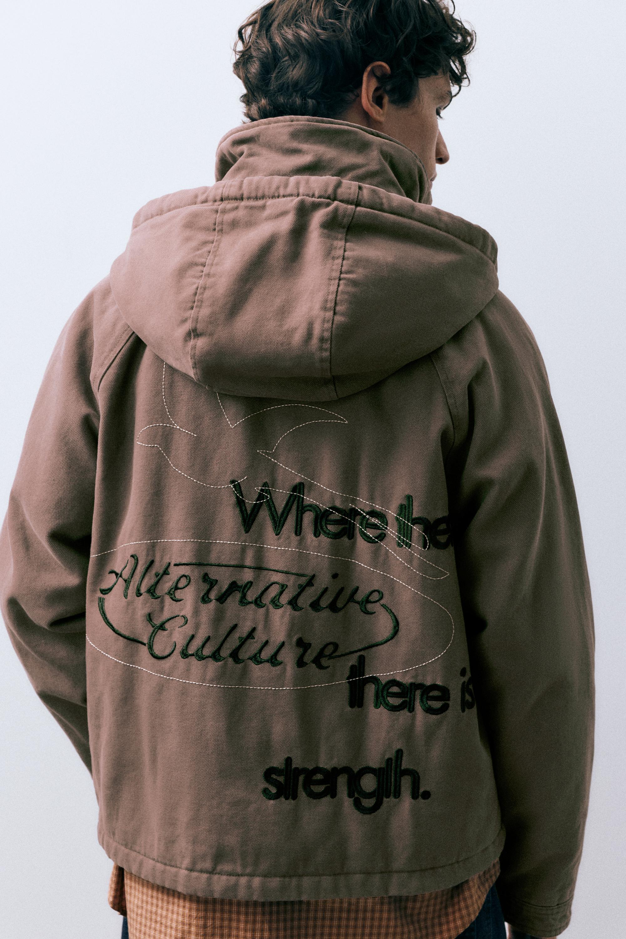 Embroidered Worker Hood Jacket — Pale brown