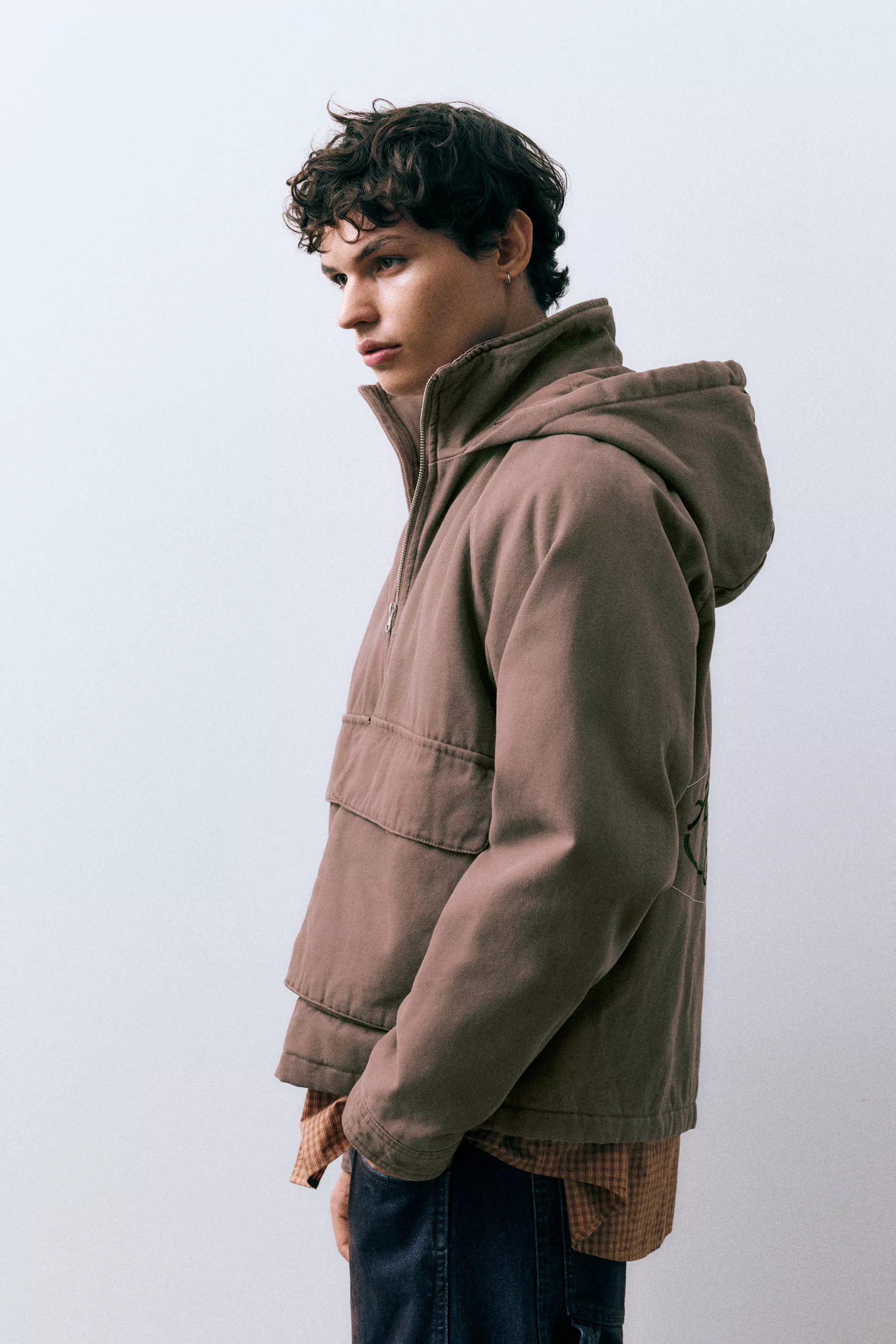 Embroidered Worker Hood Jacket — Pale brown