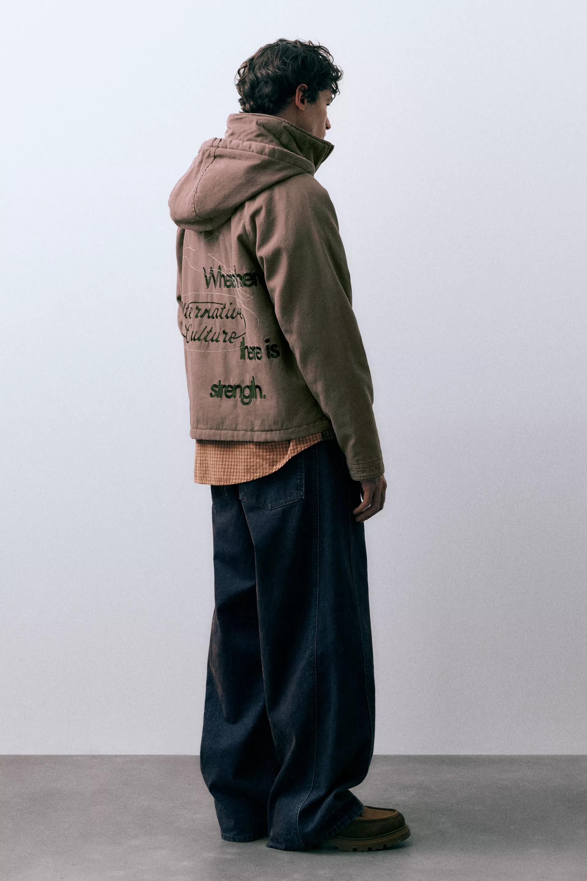 Embroidered Worker Hood Jacket — Pale brown