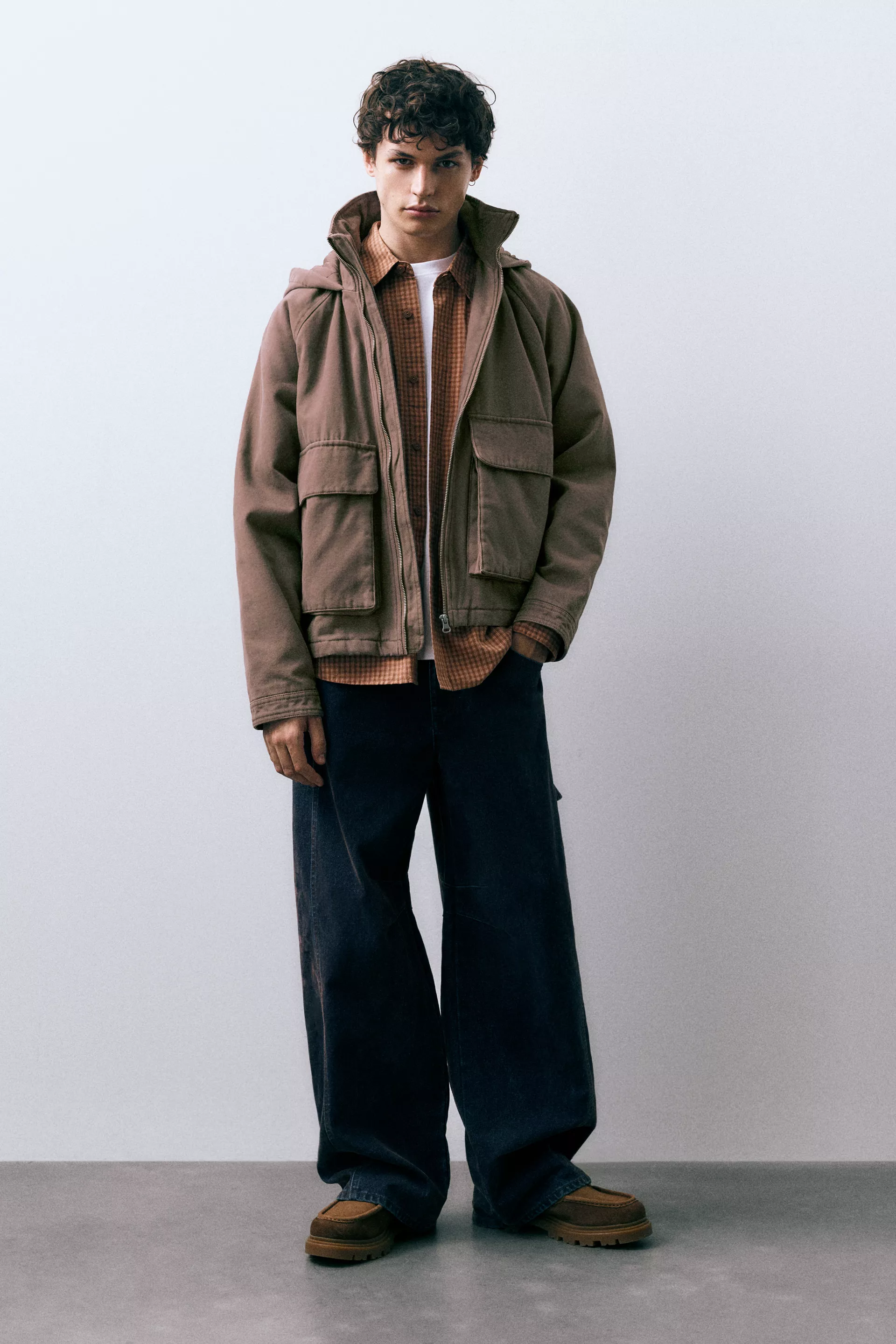 Embroidered Worker Hood Jacket — Pale brown