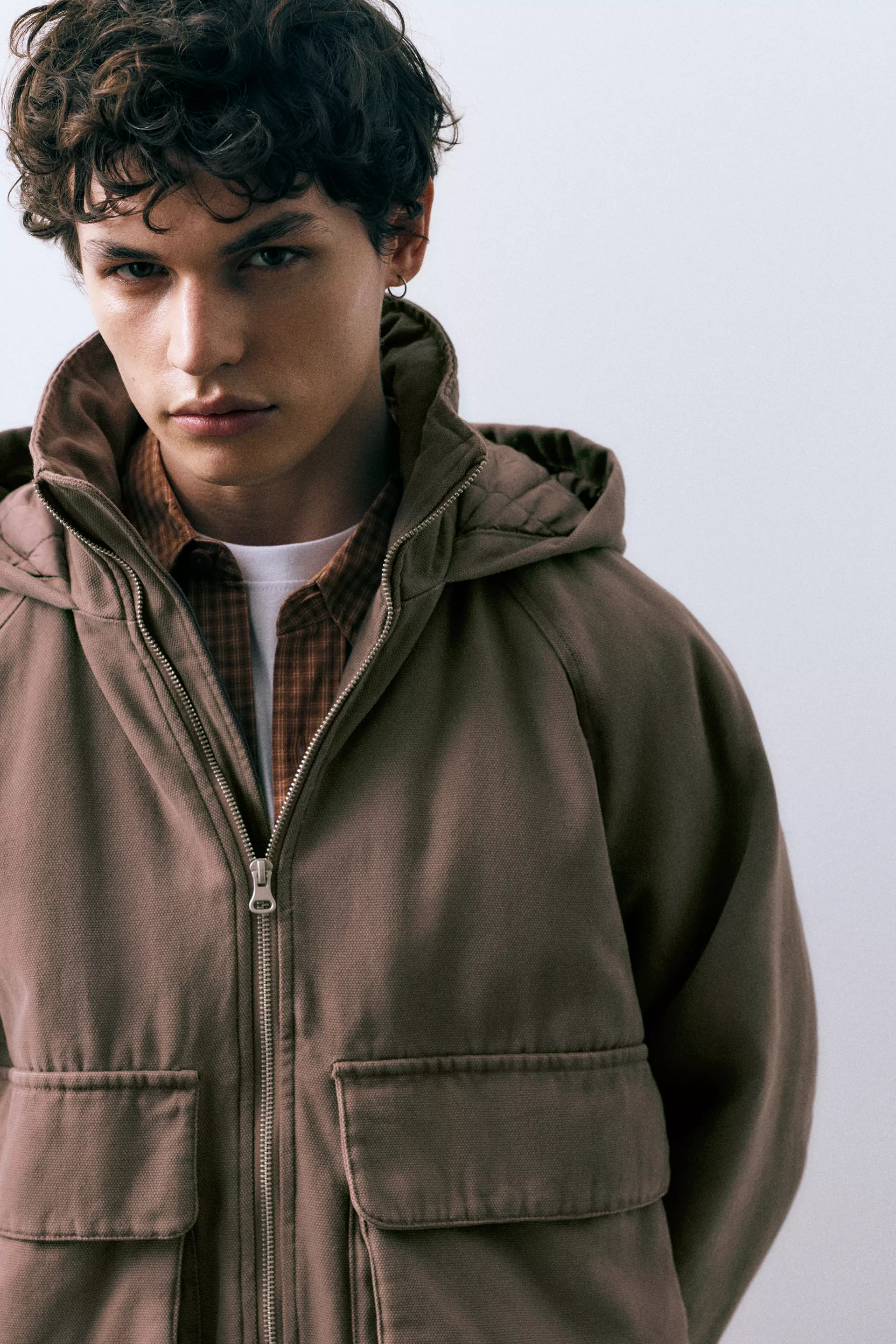 Embroidered Worker Hood Jacket — Pale brown