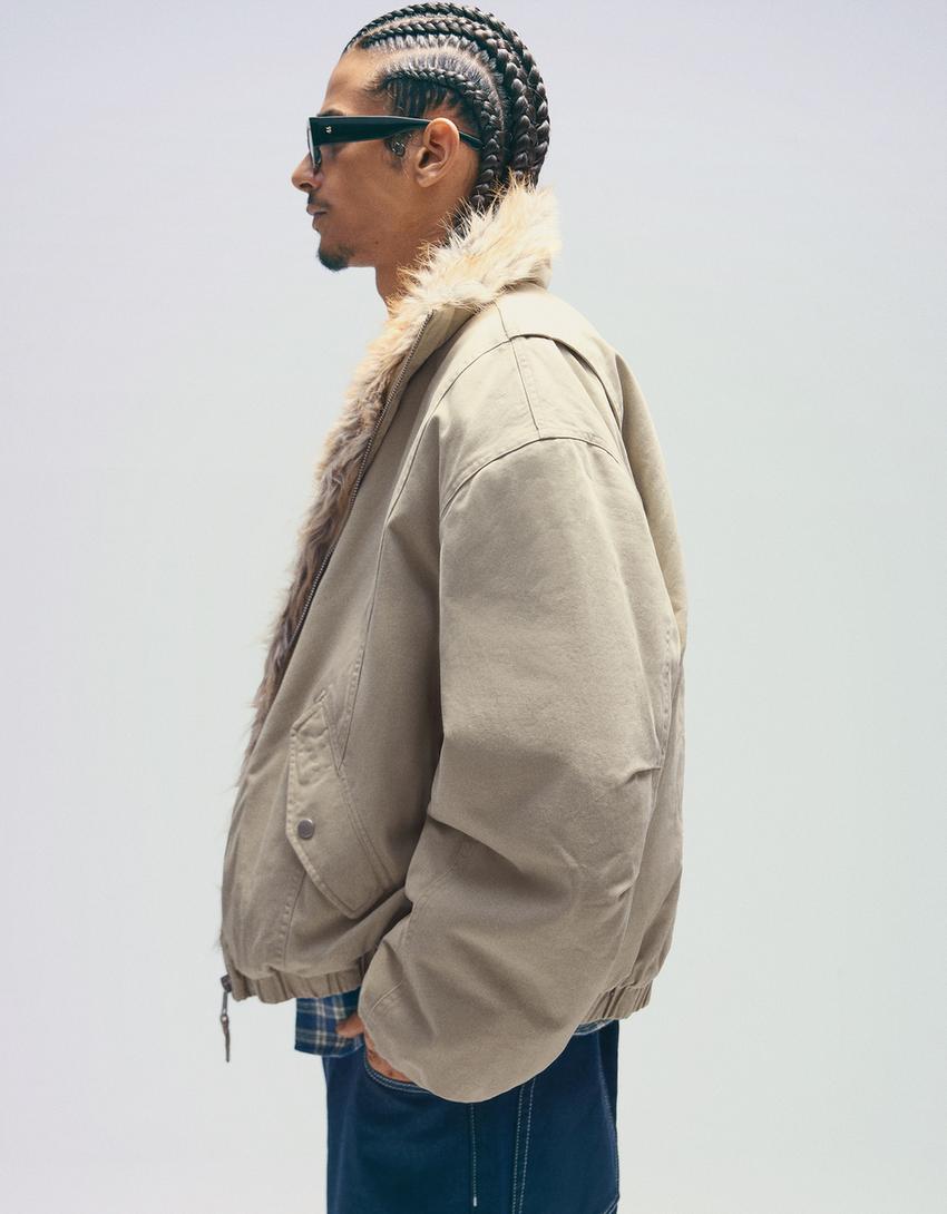 Bershka Padded Zip Jacket — Cream
