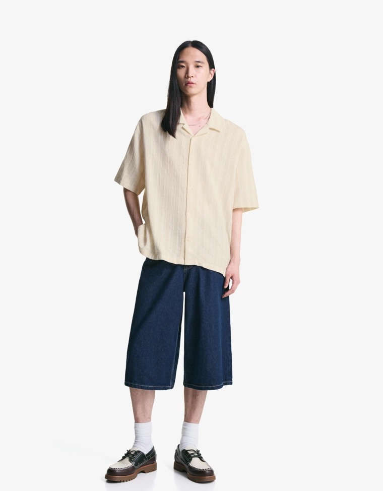 Bershka Rustic Short Sleeve Shirt — Ivory
