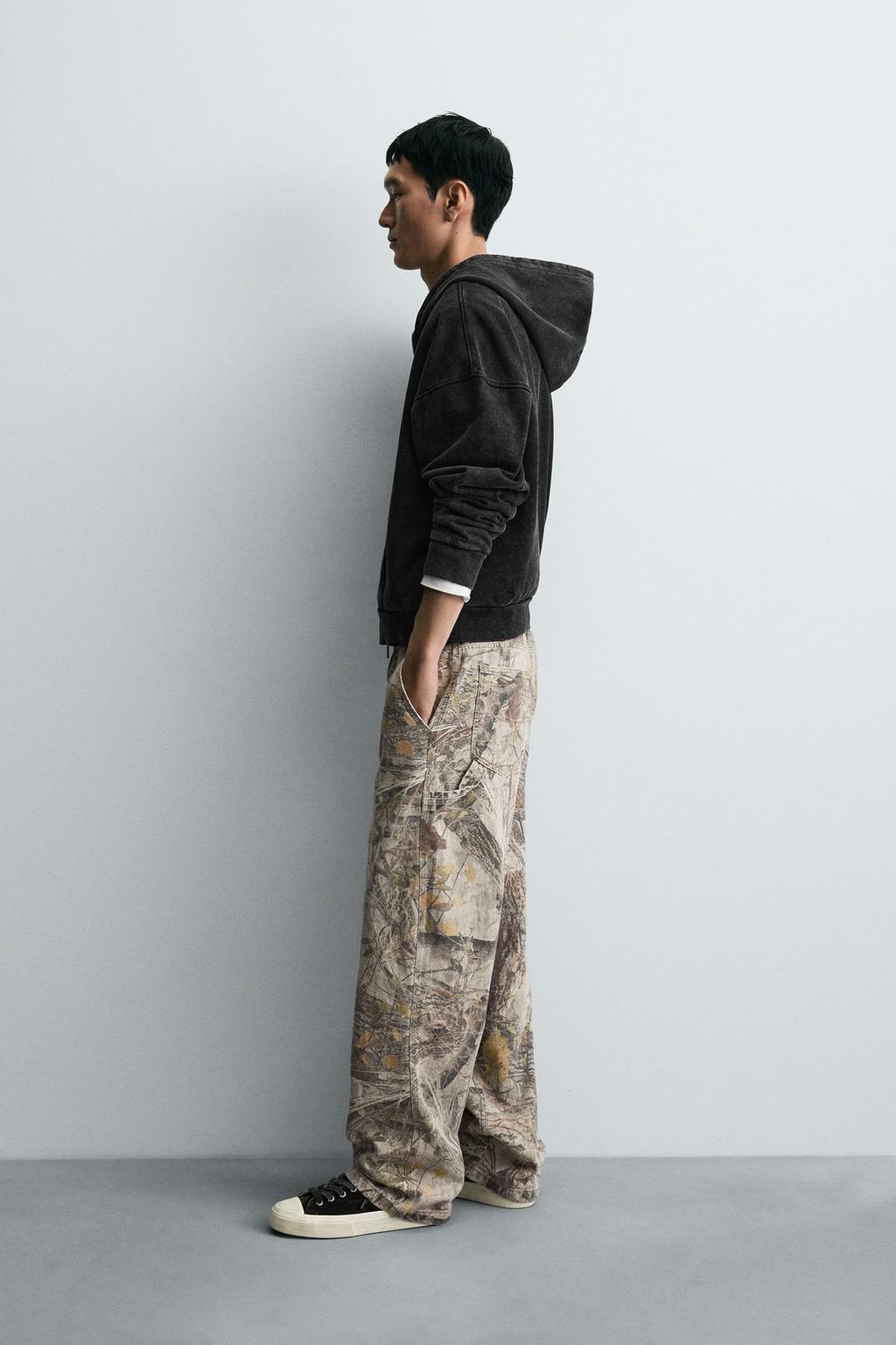 Zara Printed Cargo Trousers — Beige