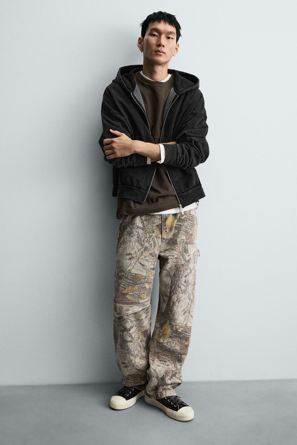 Zara Printed Cargo Trousers — Beige