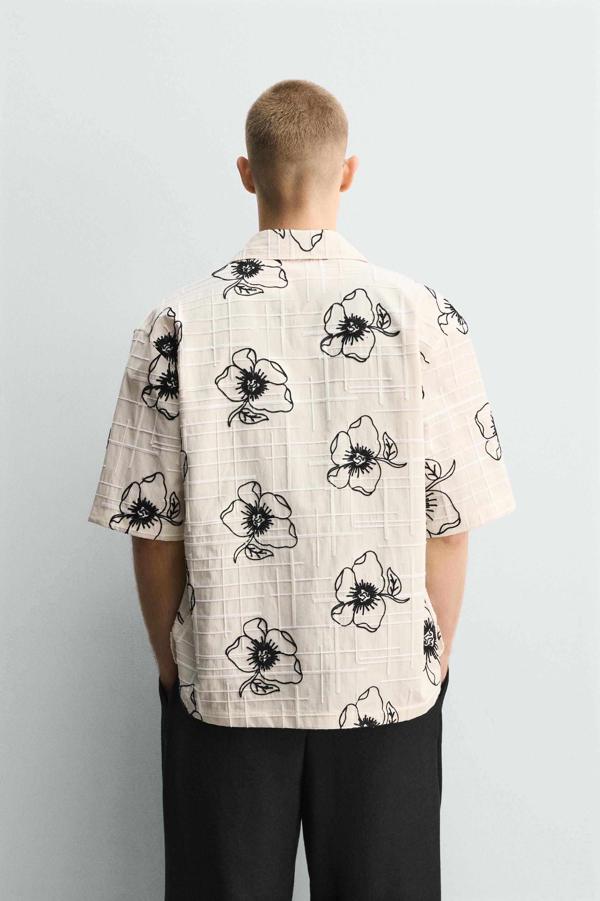 Zara FLORAL EMBROIDERED JACQUARD SHIRT — Off White