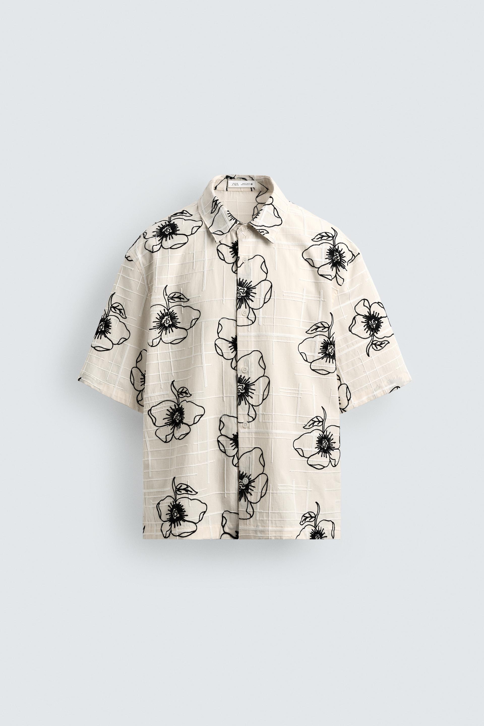 Zara FLORAL EMBROIDERED JACQUARD SHIRT — Off White