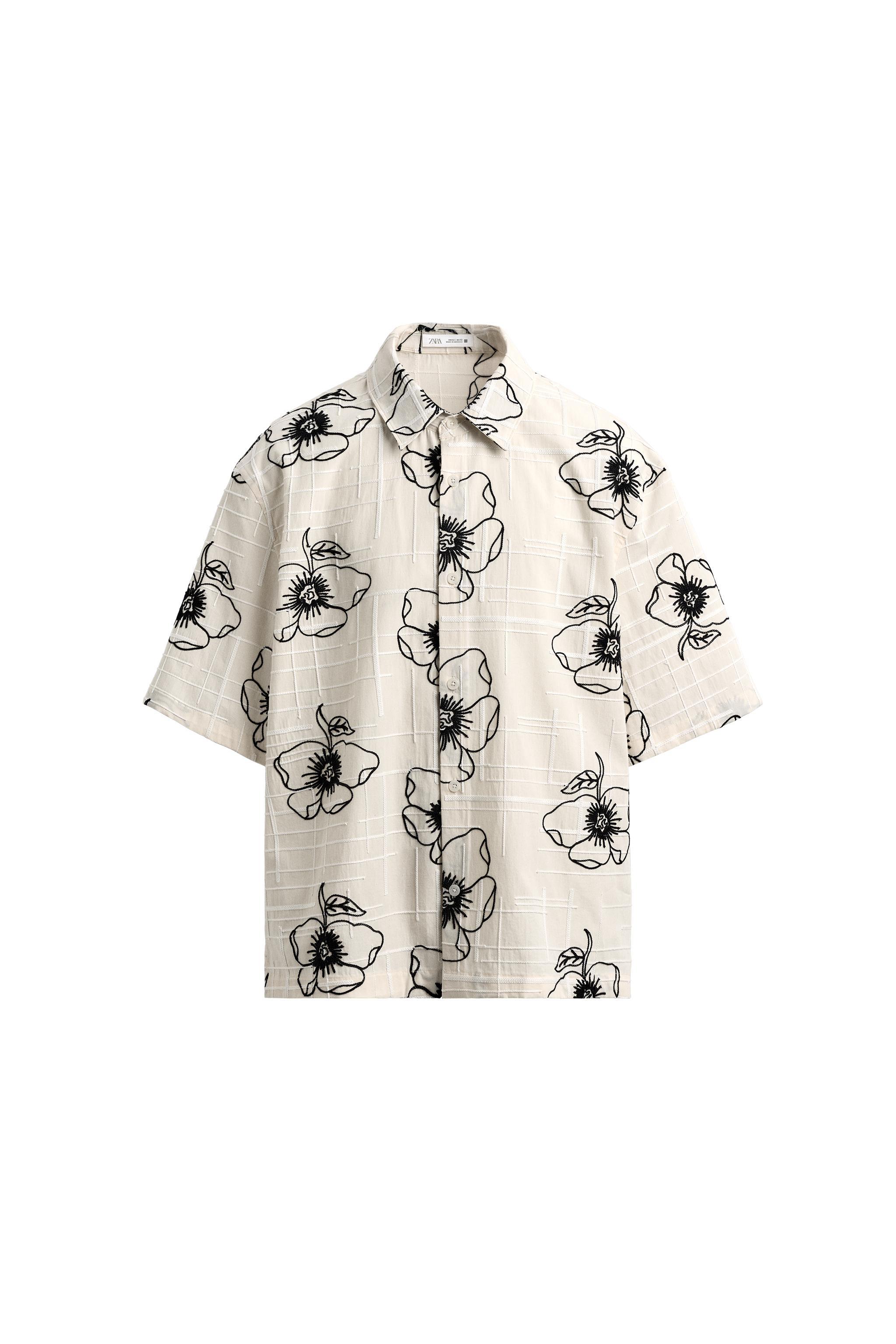 Zara FLORAL EMBROIDERED JACQUARD SHIRT — Off White