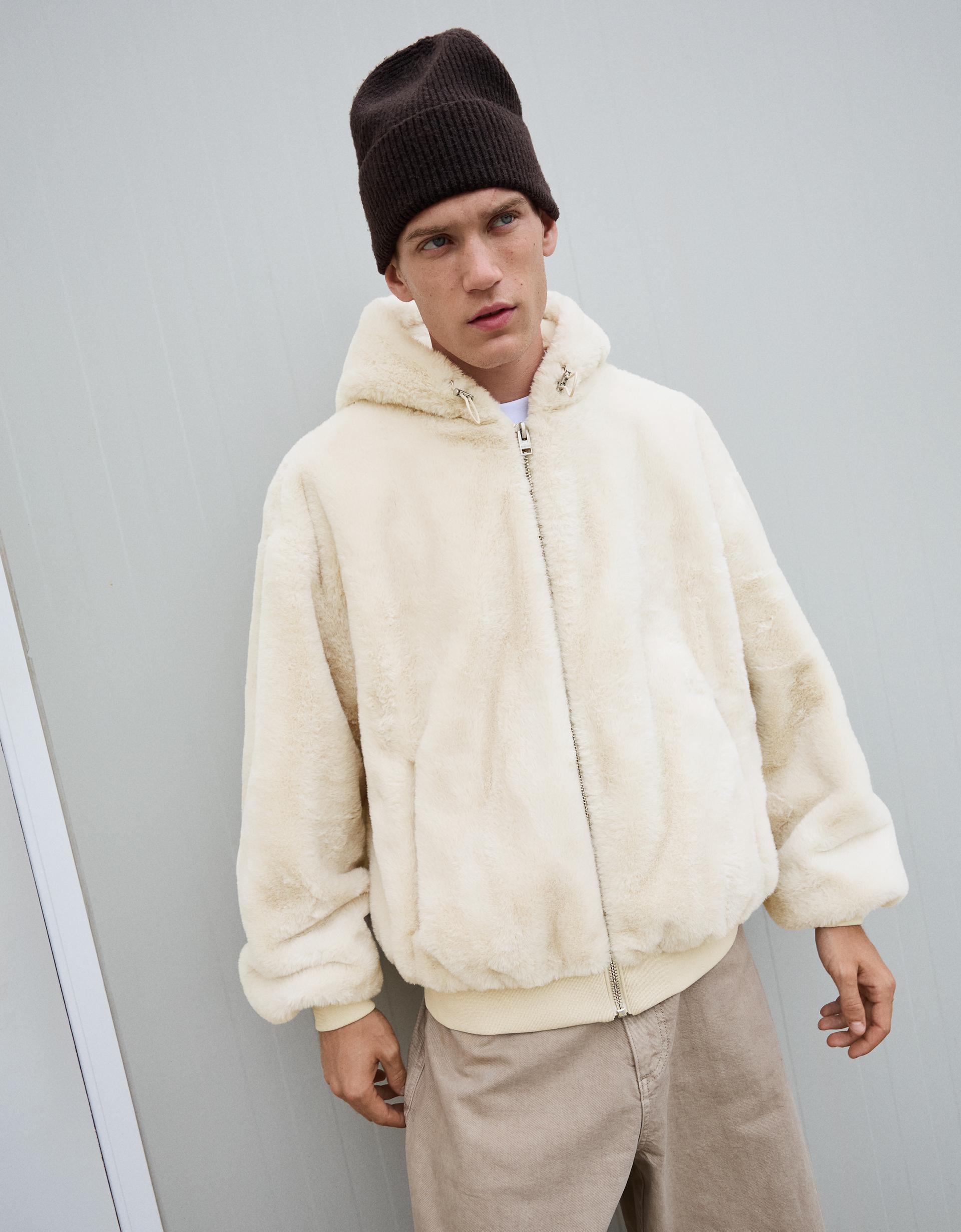Bershka Hooded faux fur jacket — Ivory