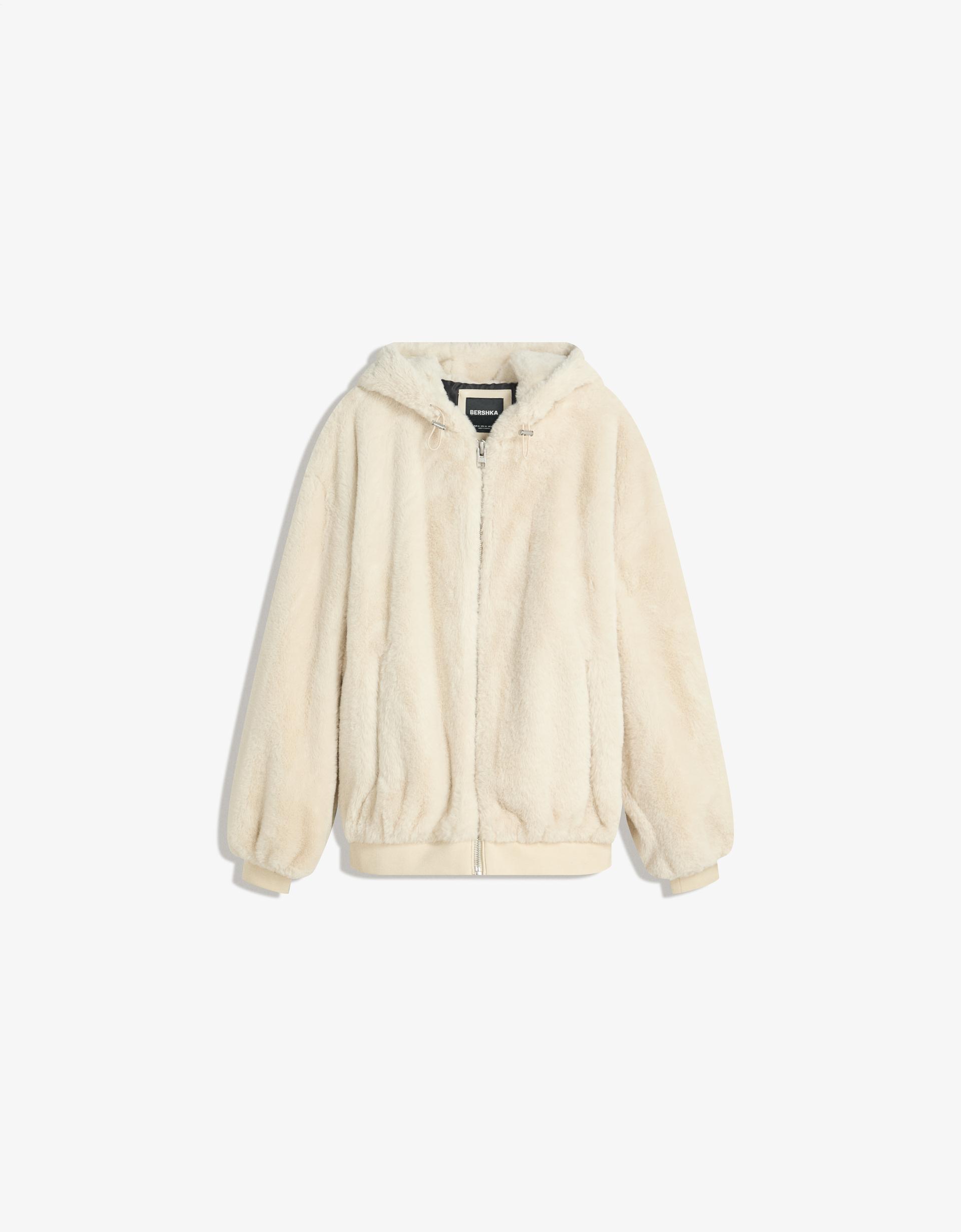 Bershka Hooded faux fur jacket — Ivory