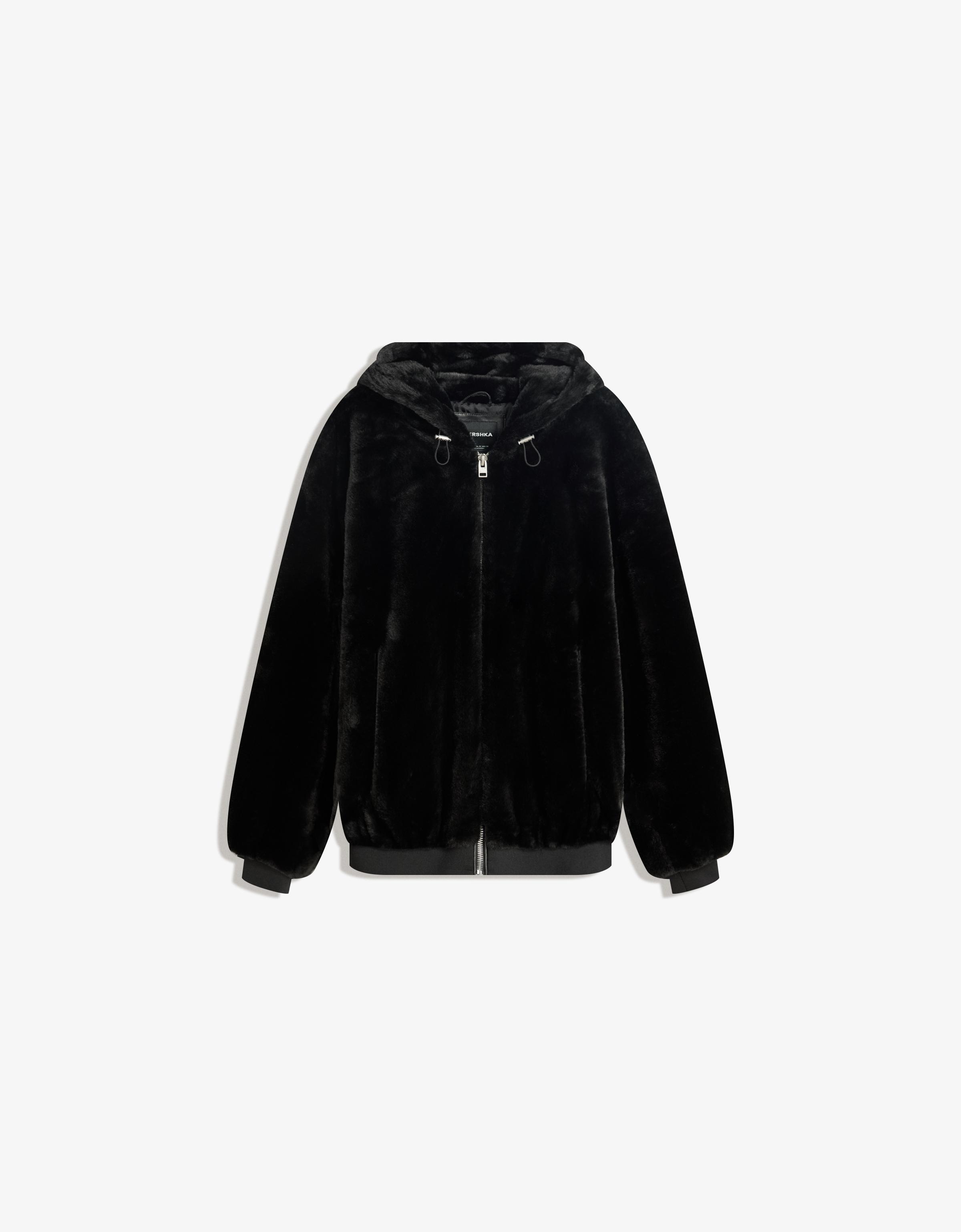 Bershka Hooded faux fur jacket — Black