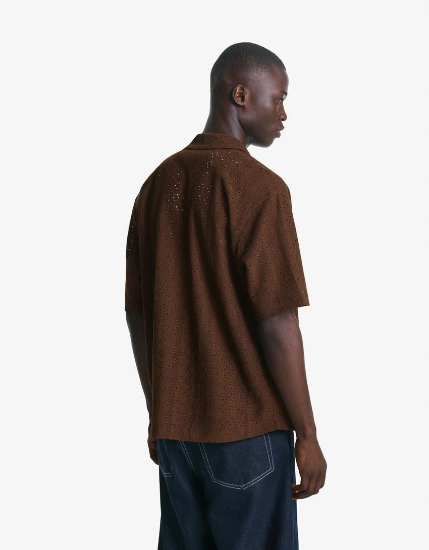 Bershka Textured Camp Collar Shirt — Brown