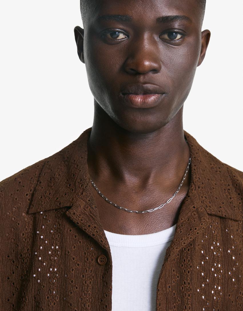Bershka Textured Camp Collar Shirt — Brown