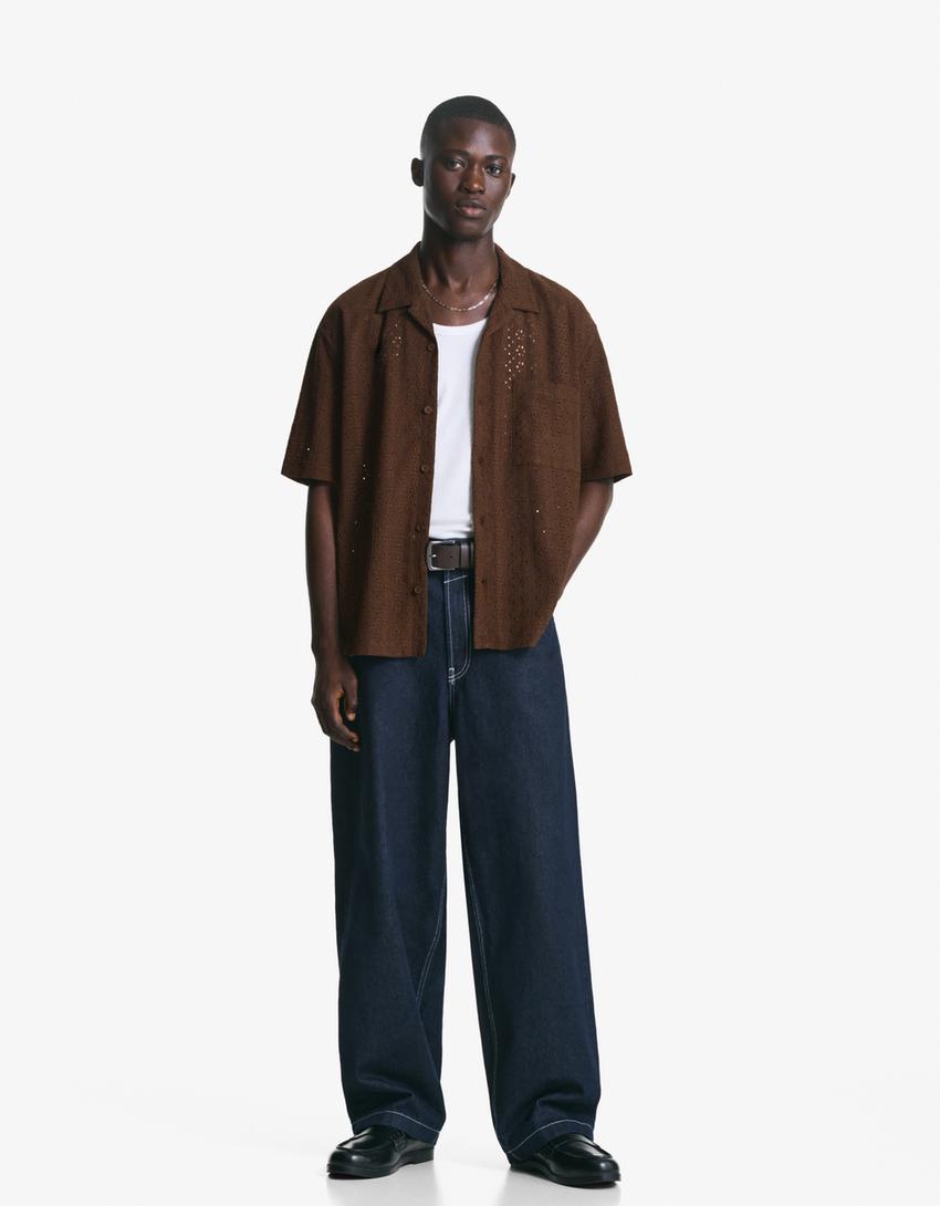 Bershka Textured Camp Collar Shirt — Brown