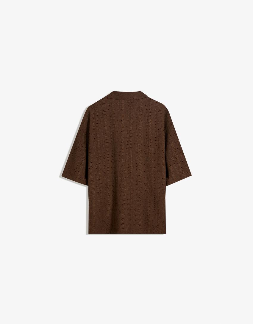 Bershka Textured Camp Collar Shirt — Brown