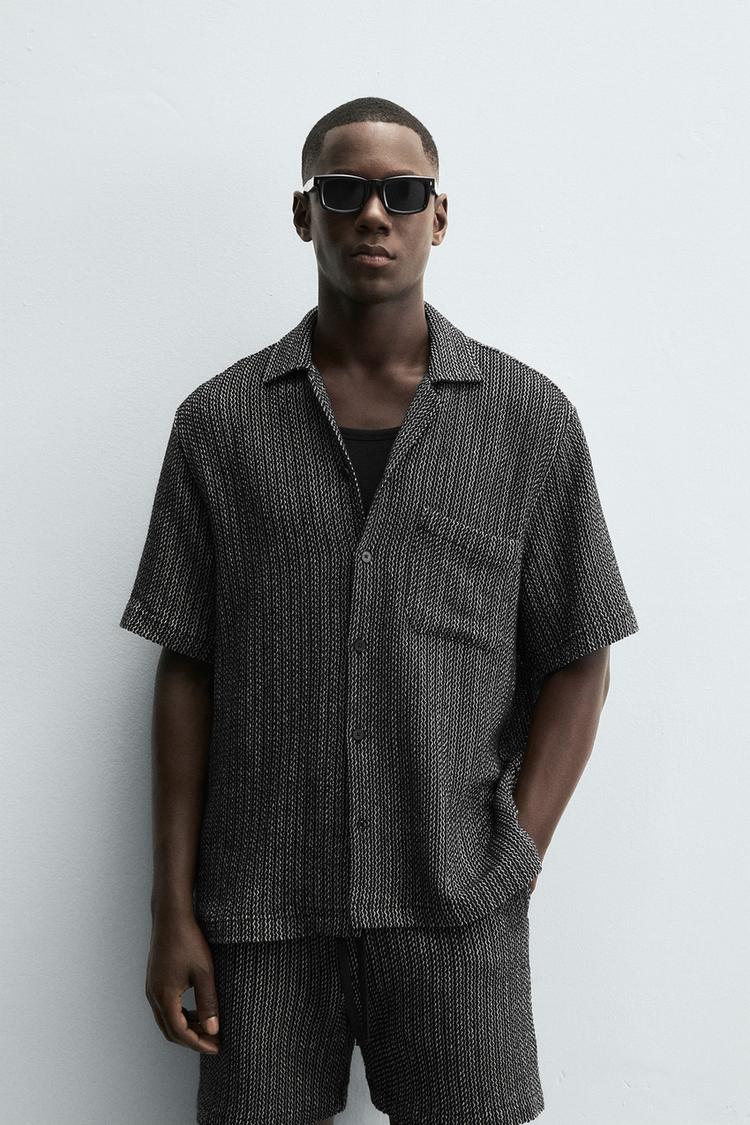 Zara Textured Geo Print Camp Shirt — Navy