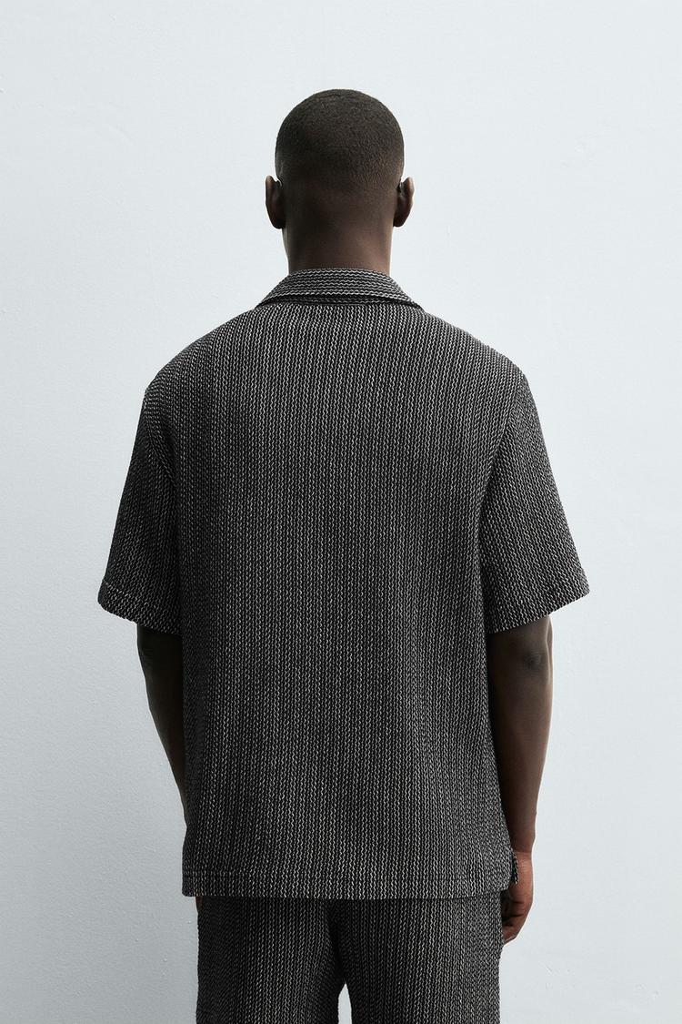 Zara Textured Geo Print Camp Shirt — Navy