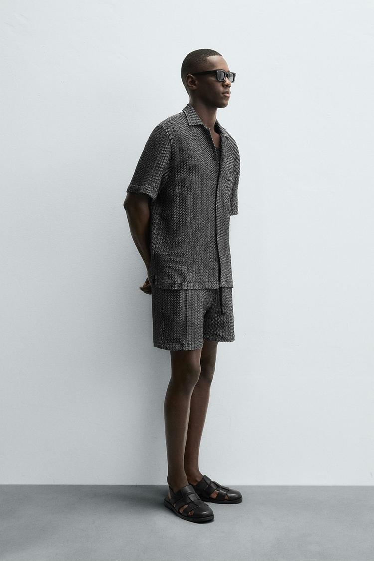 Zara Textured Geo Print Camp Shirt — Navy