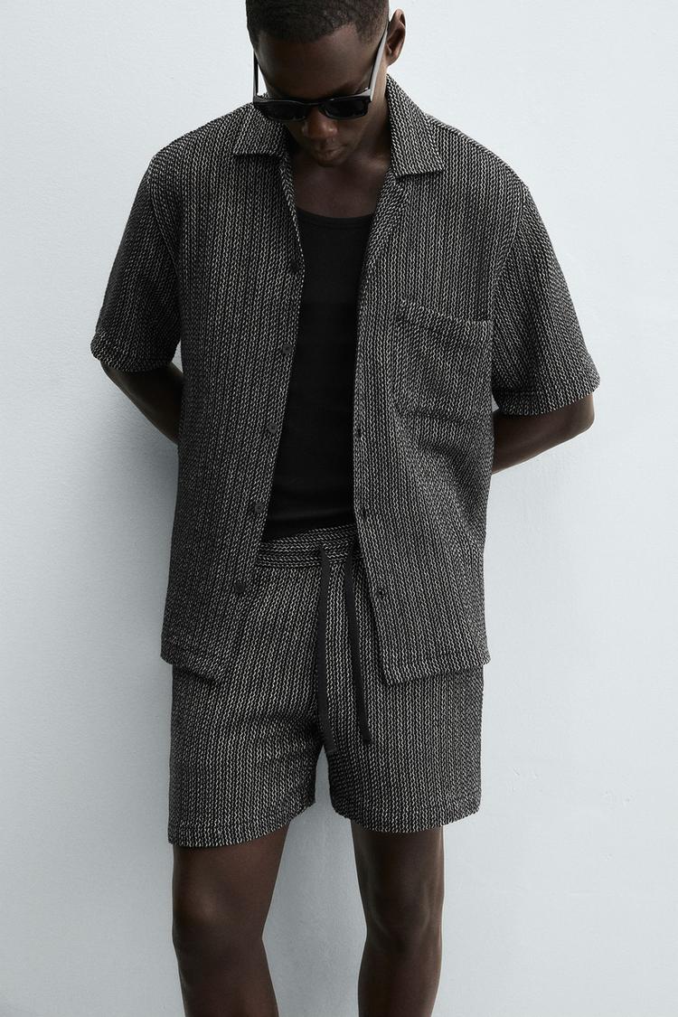Zara Textured Geo Print Camp Shirt — Navy