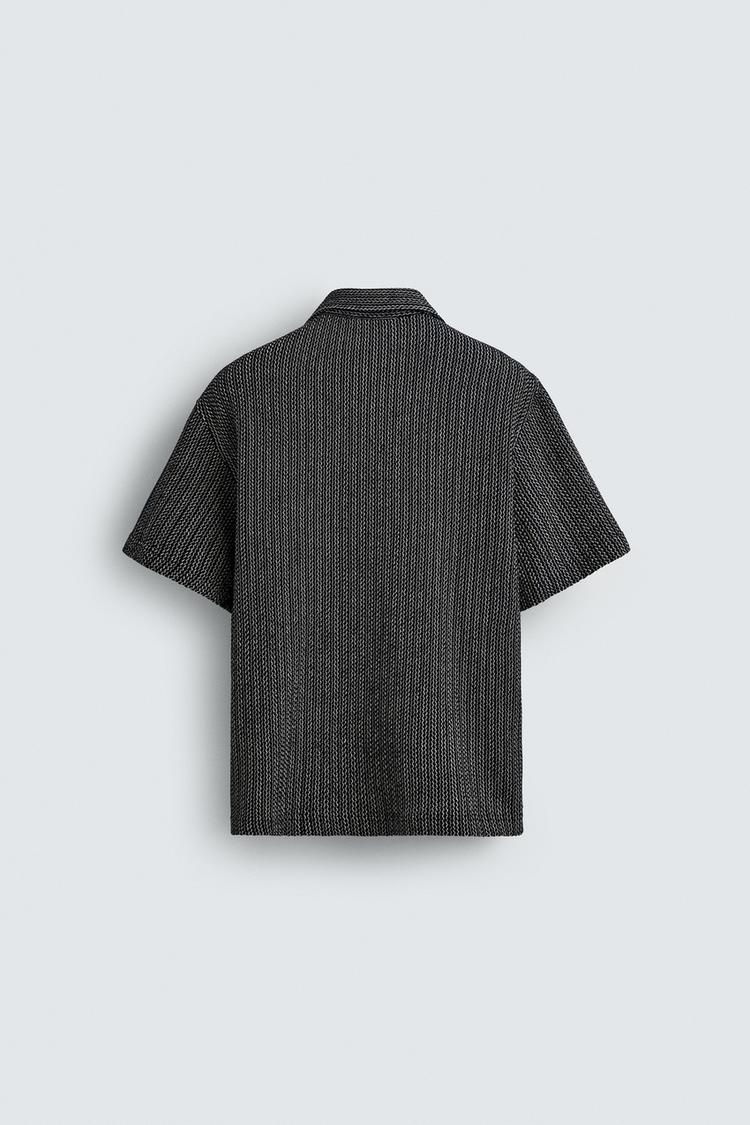 Zara Textured Geo Print Camp Shirt — Navy