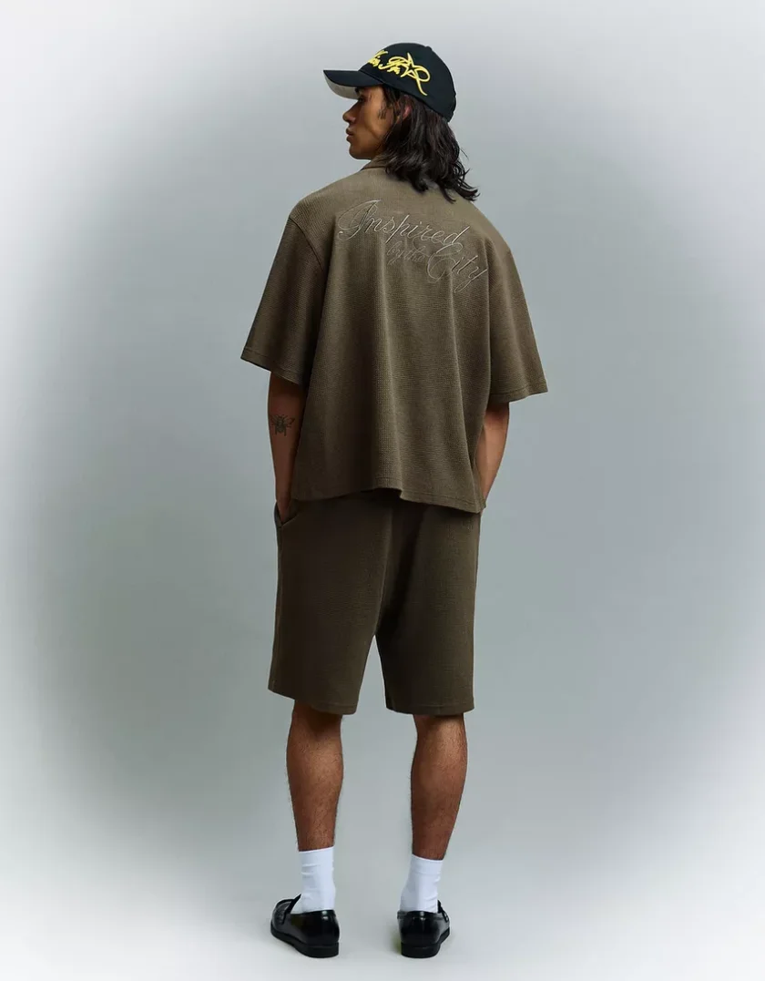 Bershka Seamed Short Sleeve Shirt — Olive