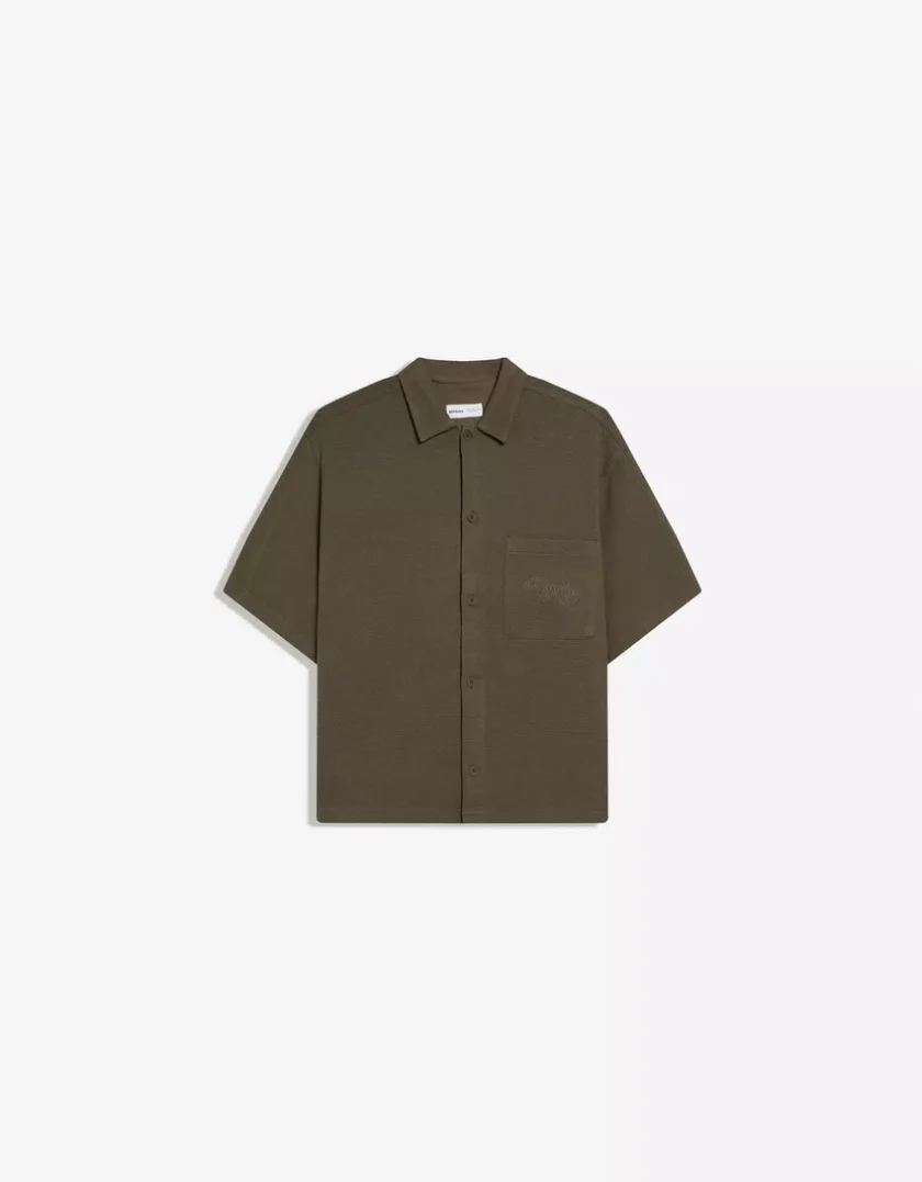 Bershka Seamed Short Sleeve Shirt — Olive