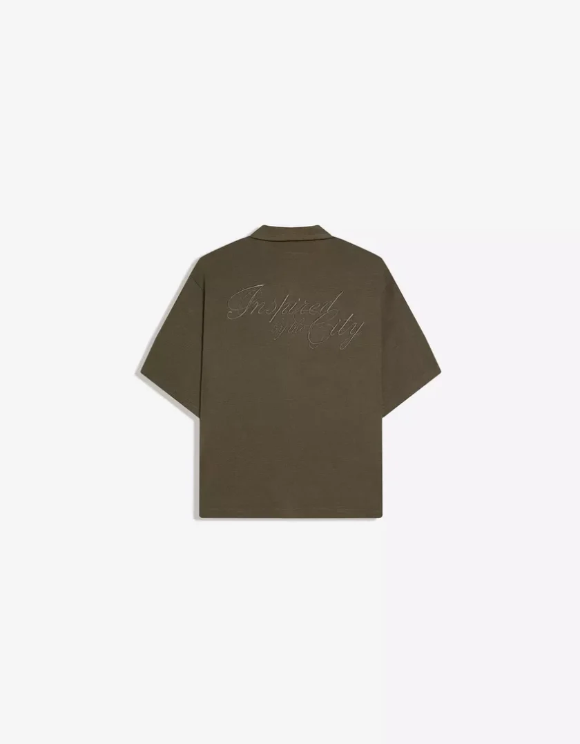 Bershka Seamed Short Sleeve Shirt — Olive